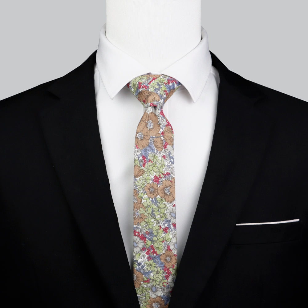 Green Brown Floral Cotton Skinny Tie