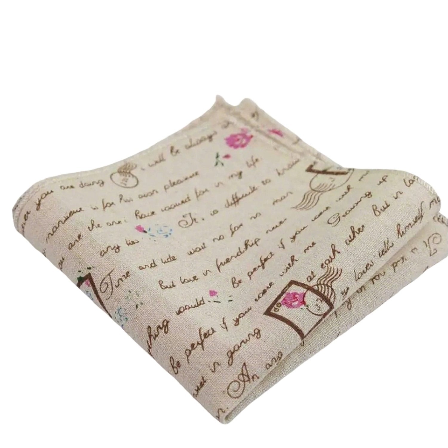 Beige With Pink Floral Script Envelope Pocket Square