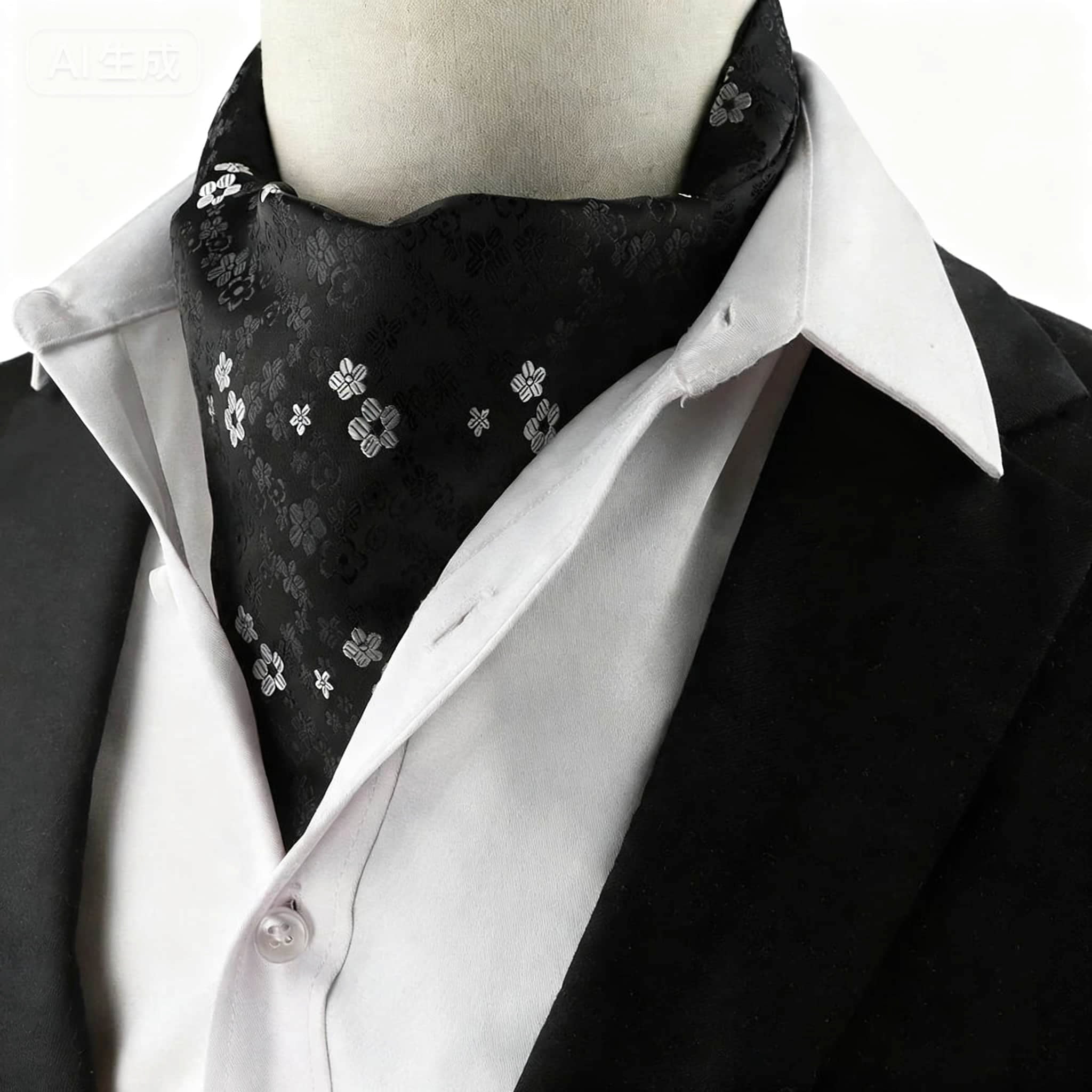 Black White Floral Ascot