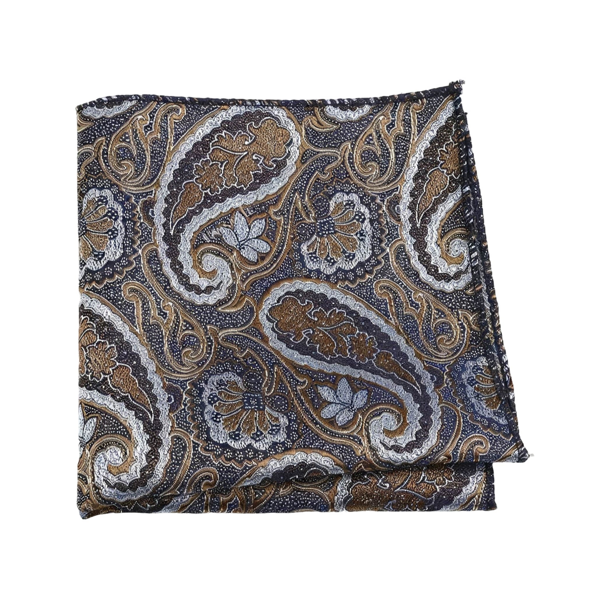 Navy Blue Brown Paisley Pocket Square