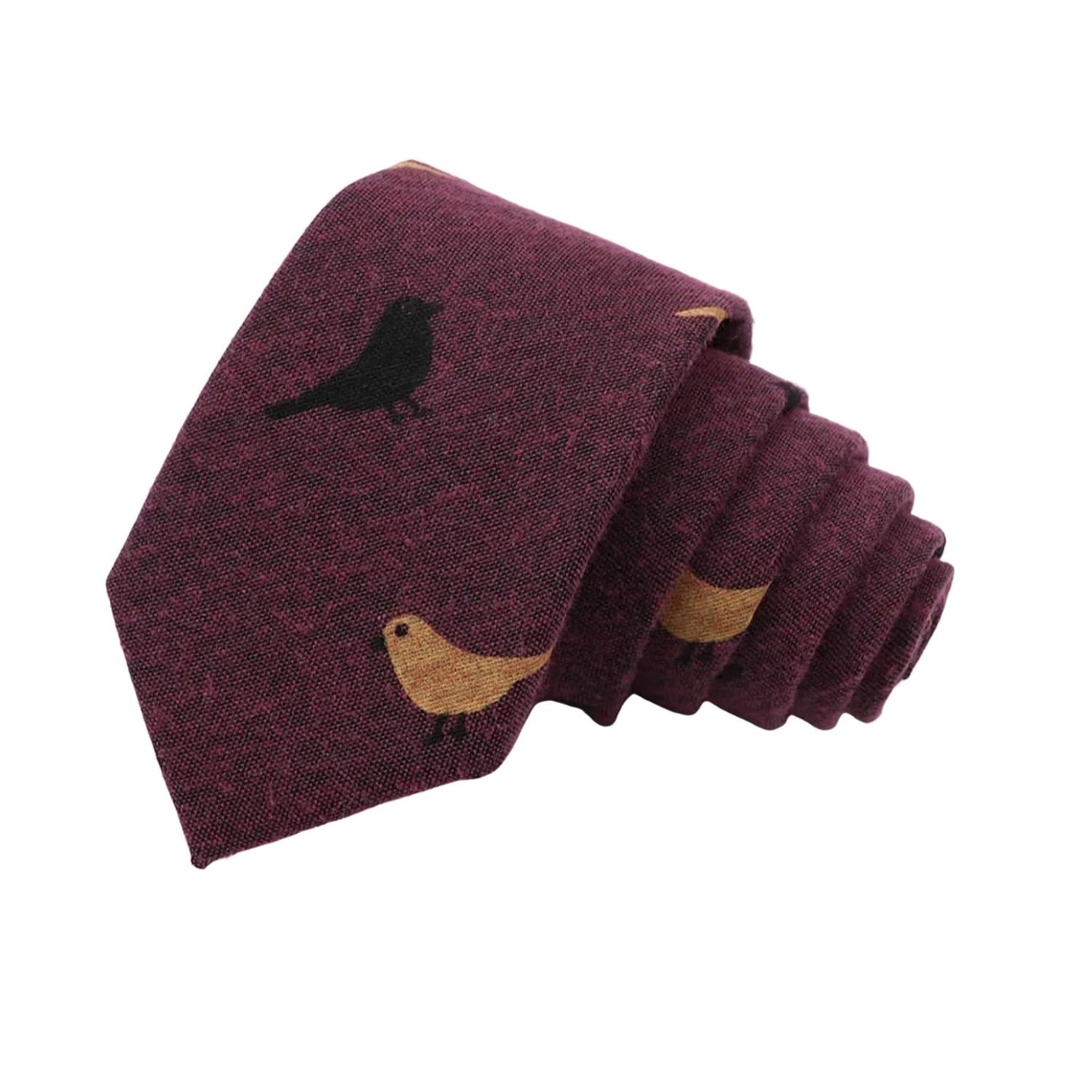 Burgundy with Black and Yellow Birds Necktie