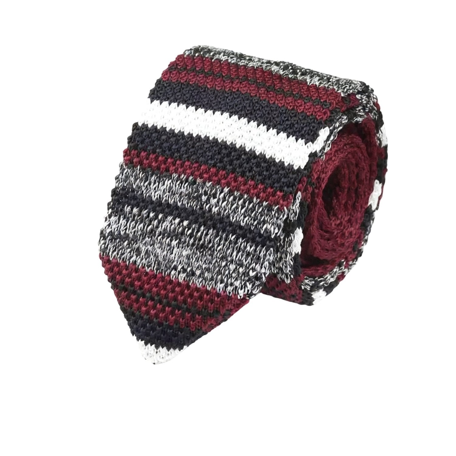 Burgundy With White And Black Horizontal Stripes Necktie