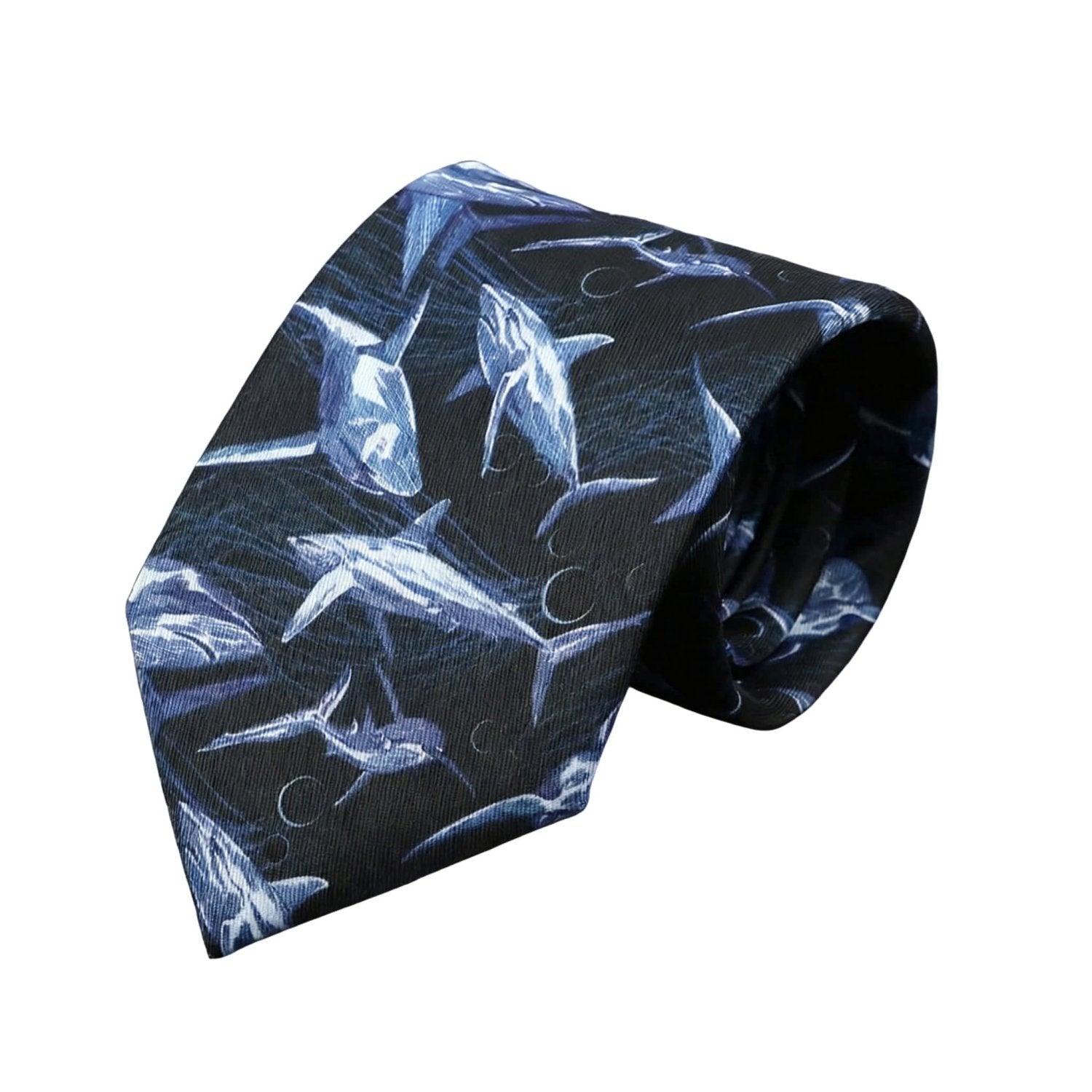 Black With Blue And White Fish Necktie