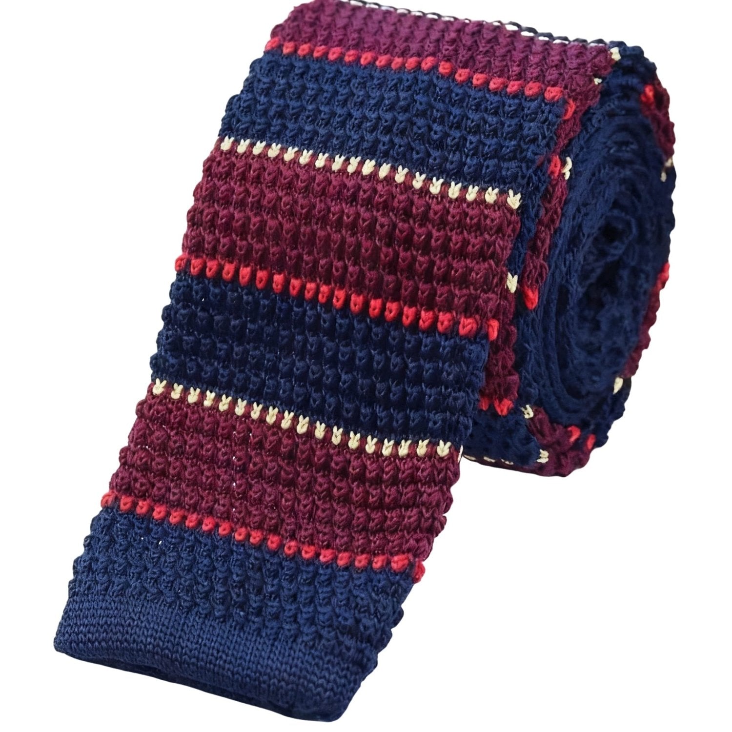 Navy With Burgundy Red Beige Striped Knitted Necktie