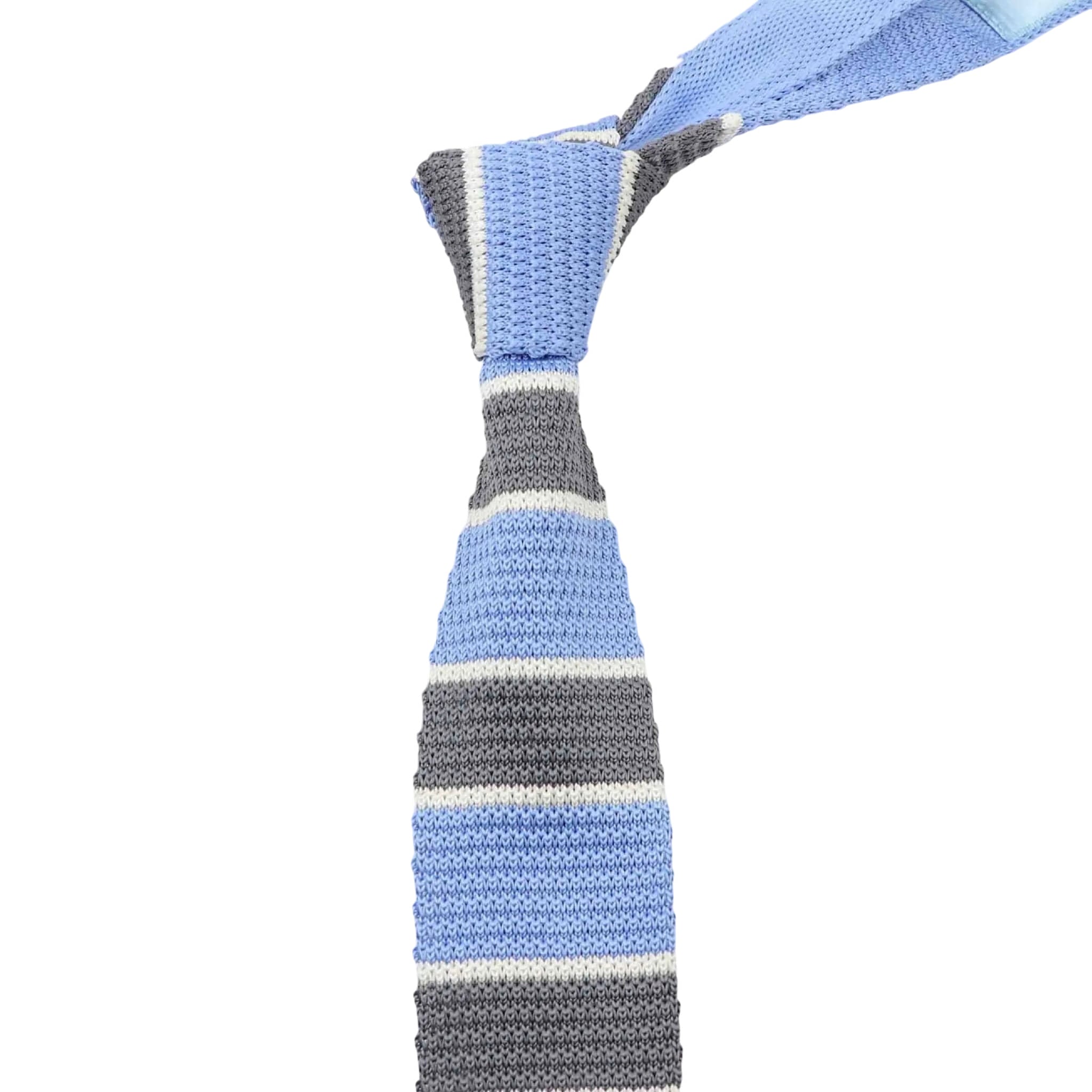 Light Blue Grey White Striped Knitted Tie