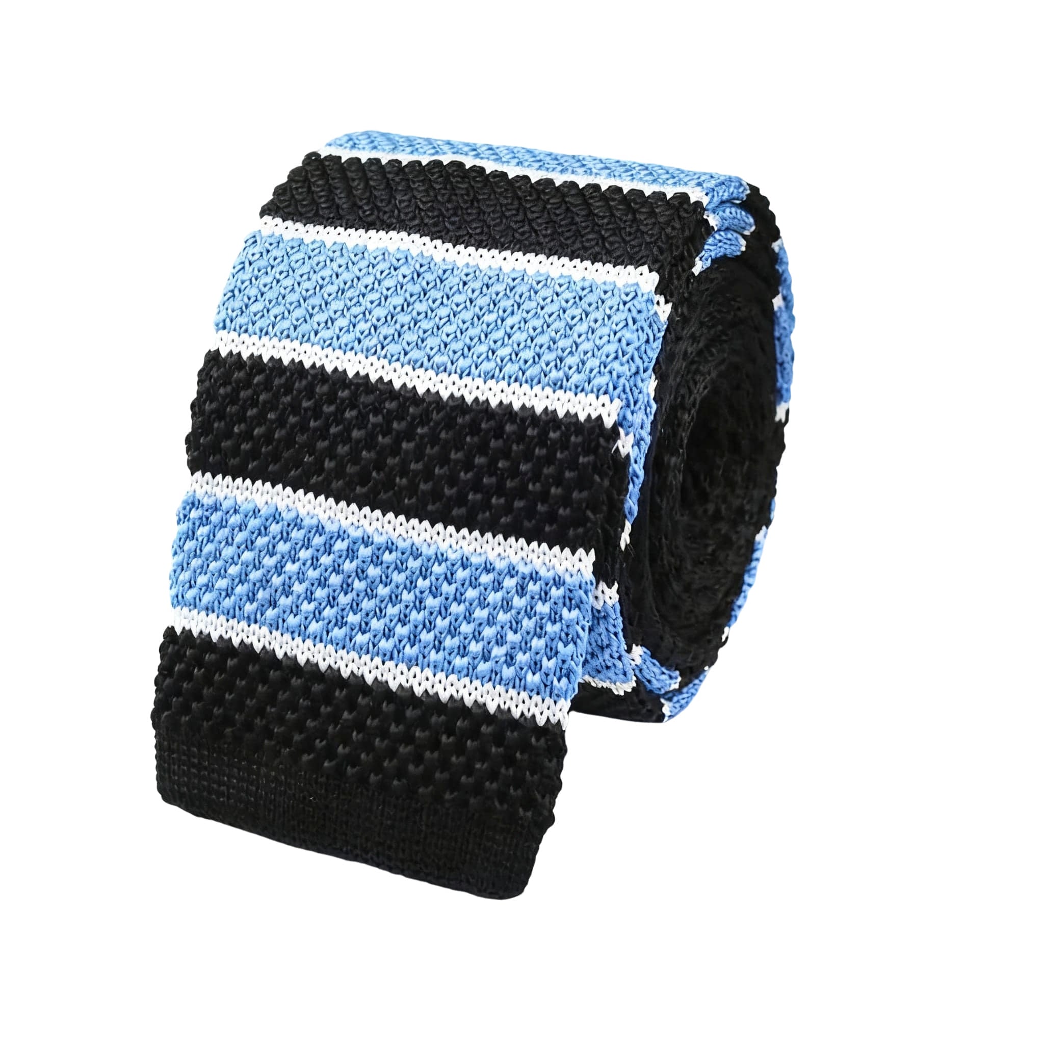 Black Light Blue White Striped Knitted Tie