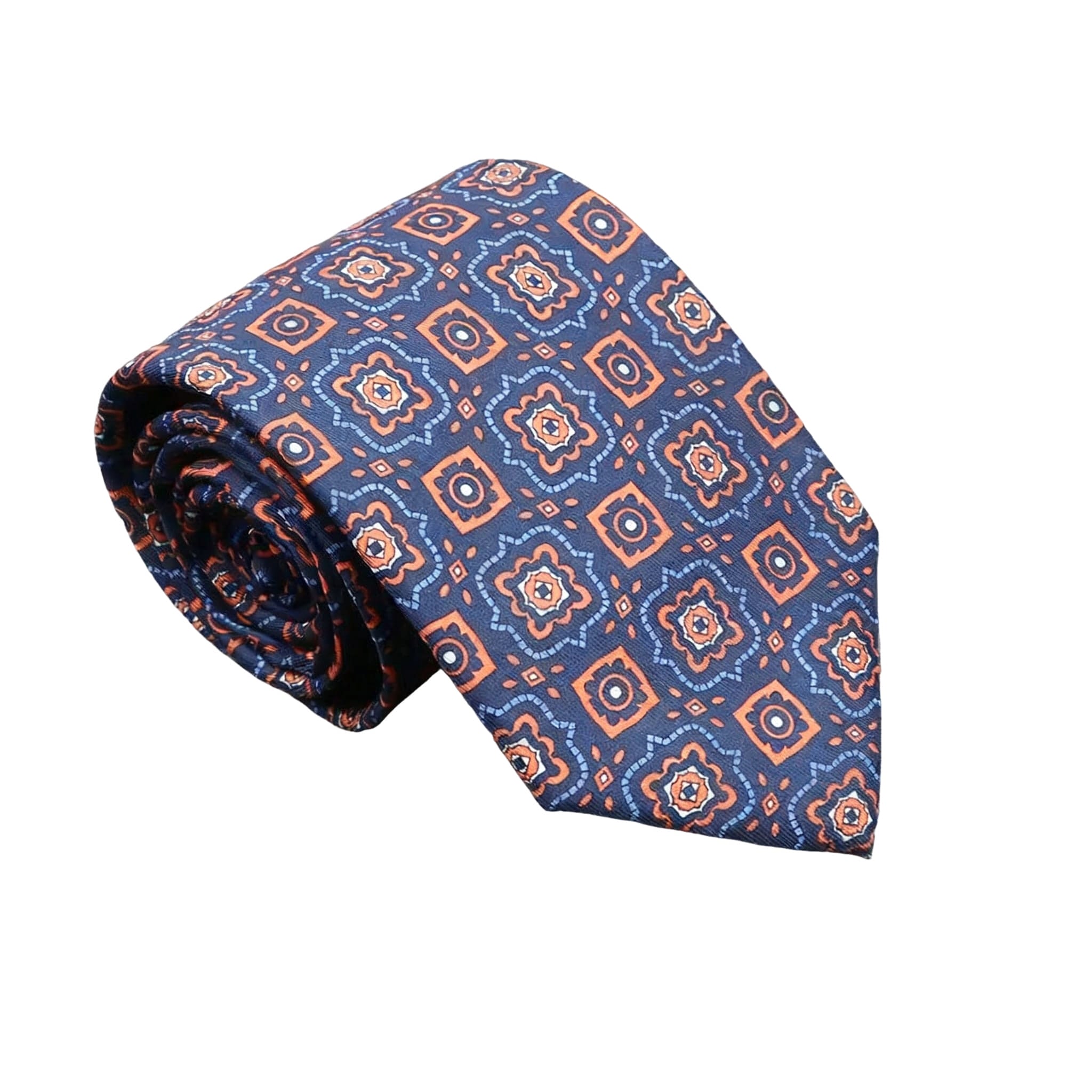 Navy Blue With Orange Geometric Medallion Necktie