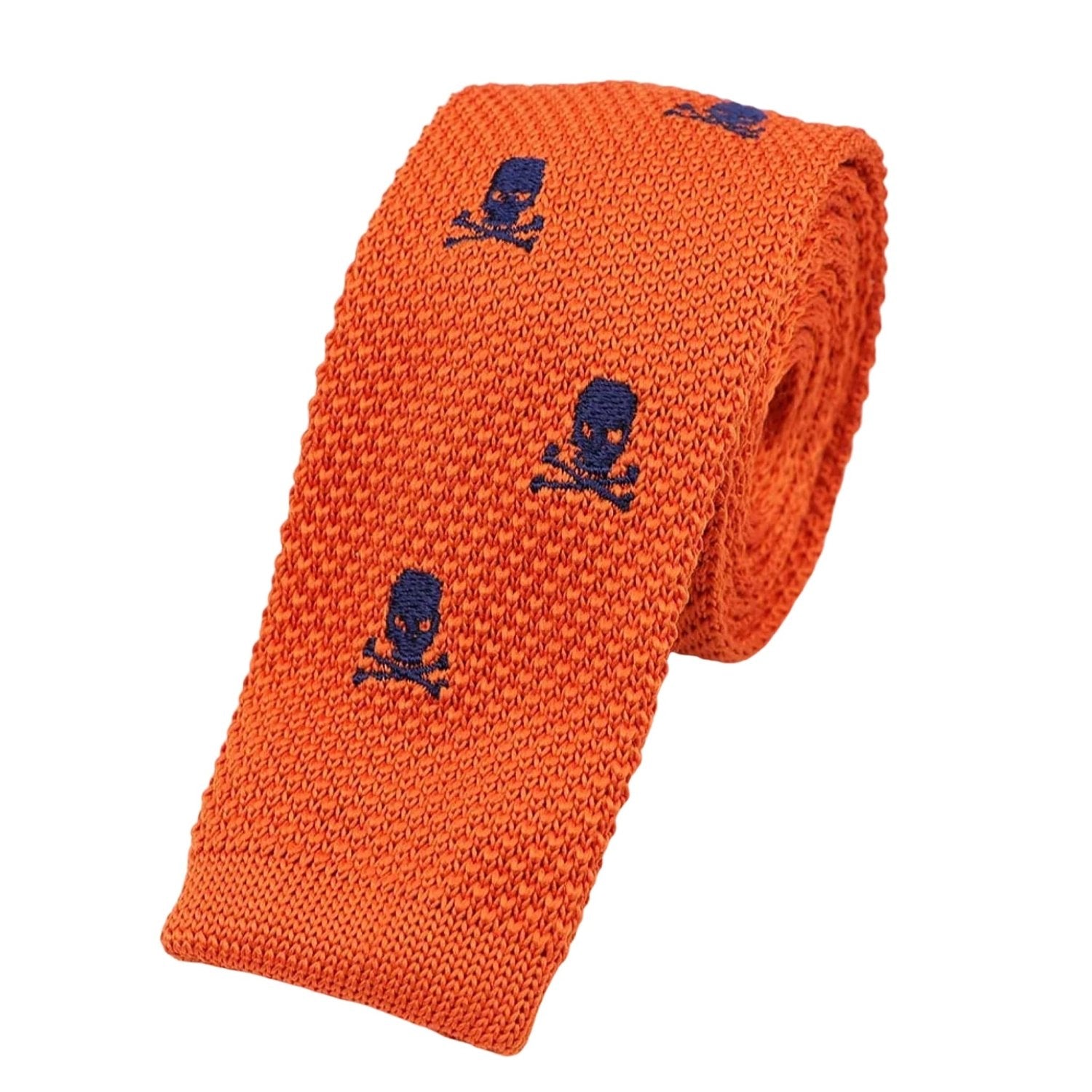 Orange With Blue Skull And Crossbones Necktie