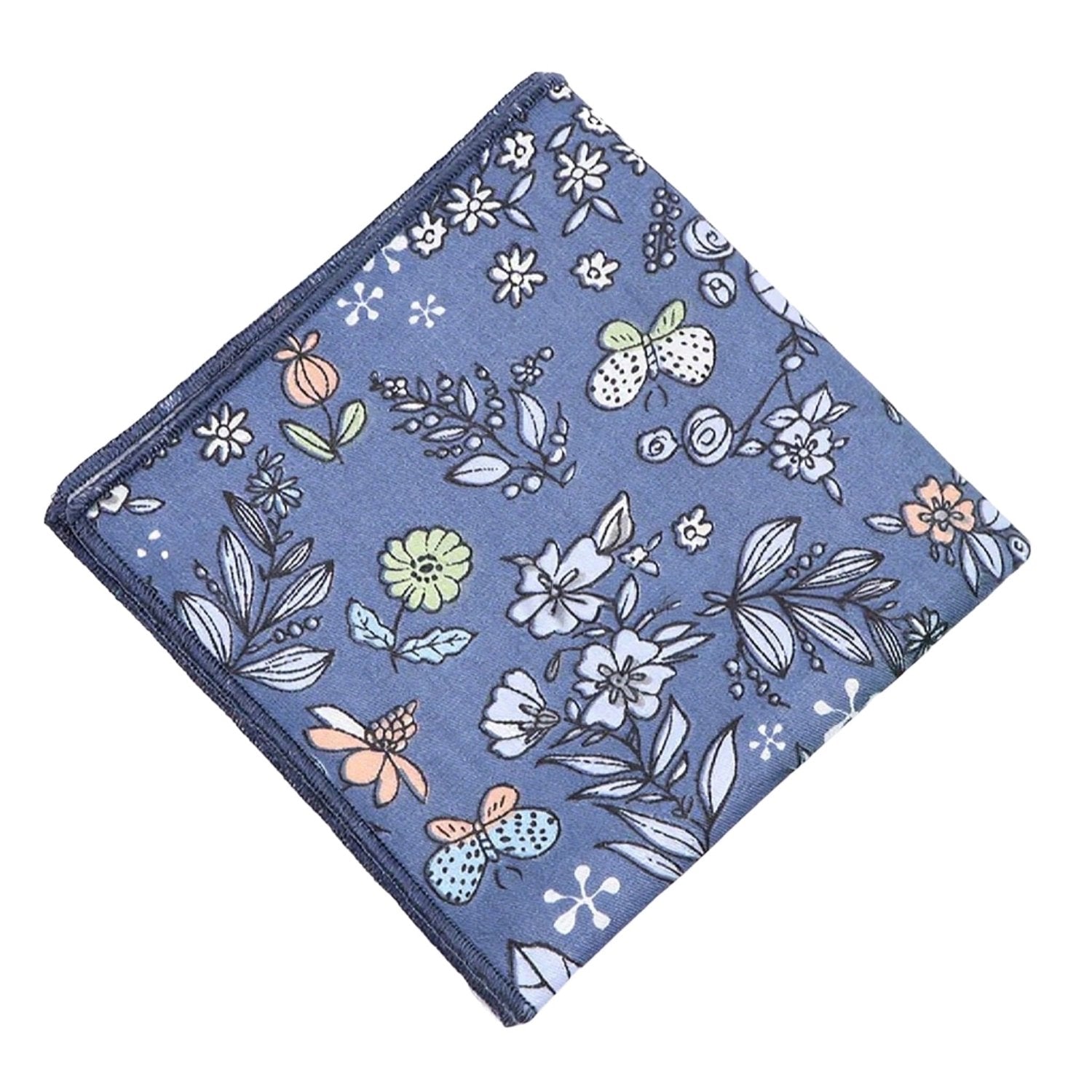 Blue with White Floral Butterfly Pocket Square