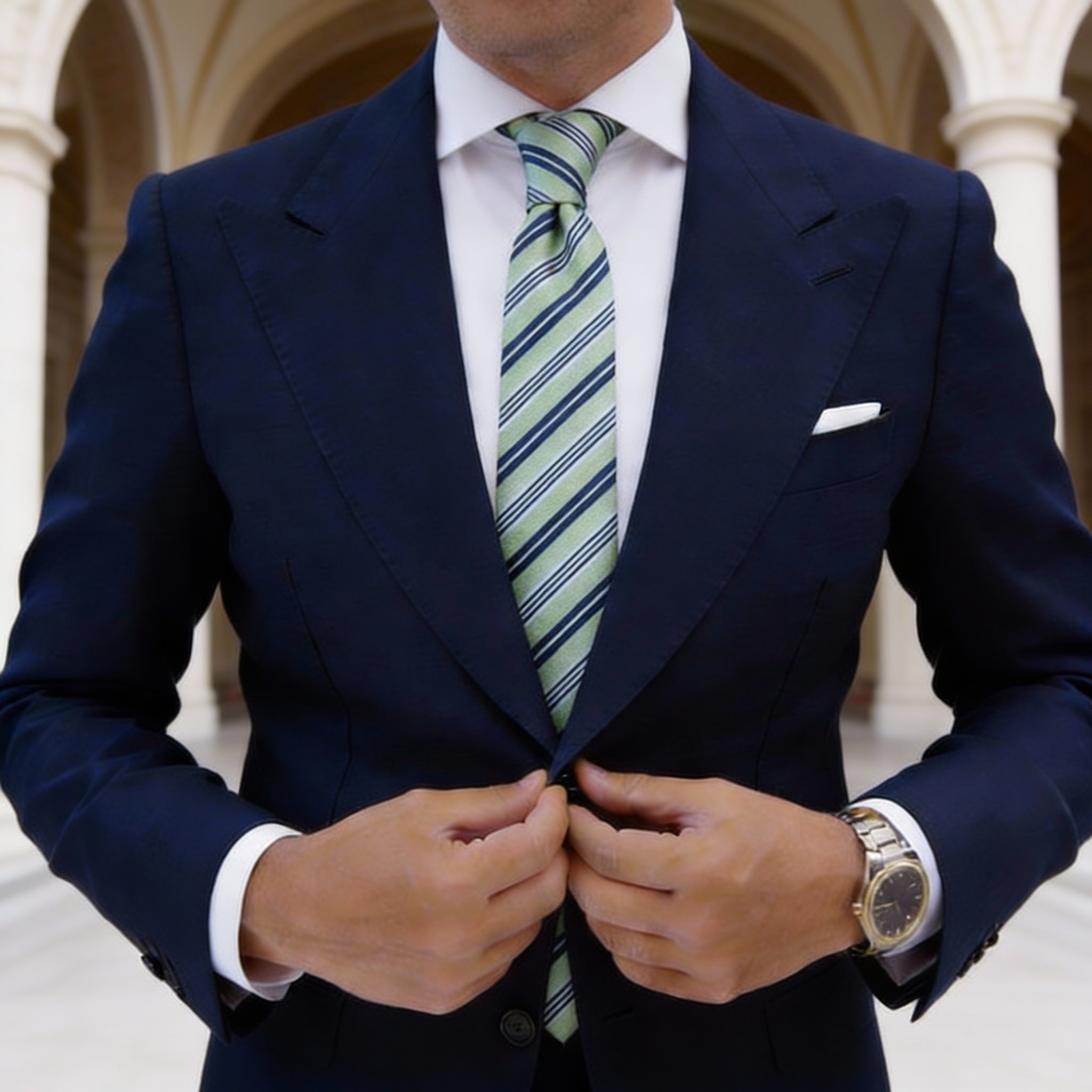 Light Green Necktie With Dark Blue White Stripe