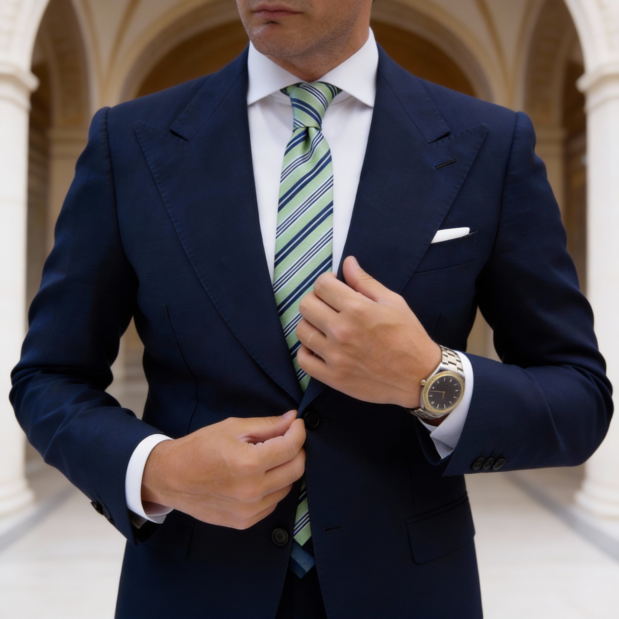 Light Green Necktie With Dark Blue White Stripe