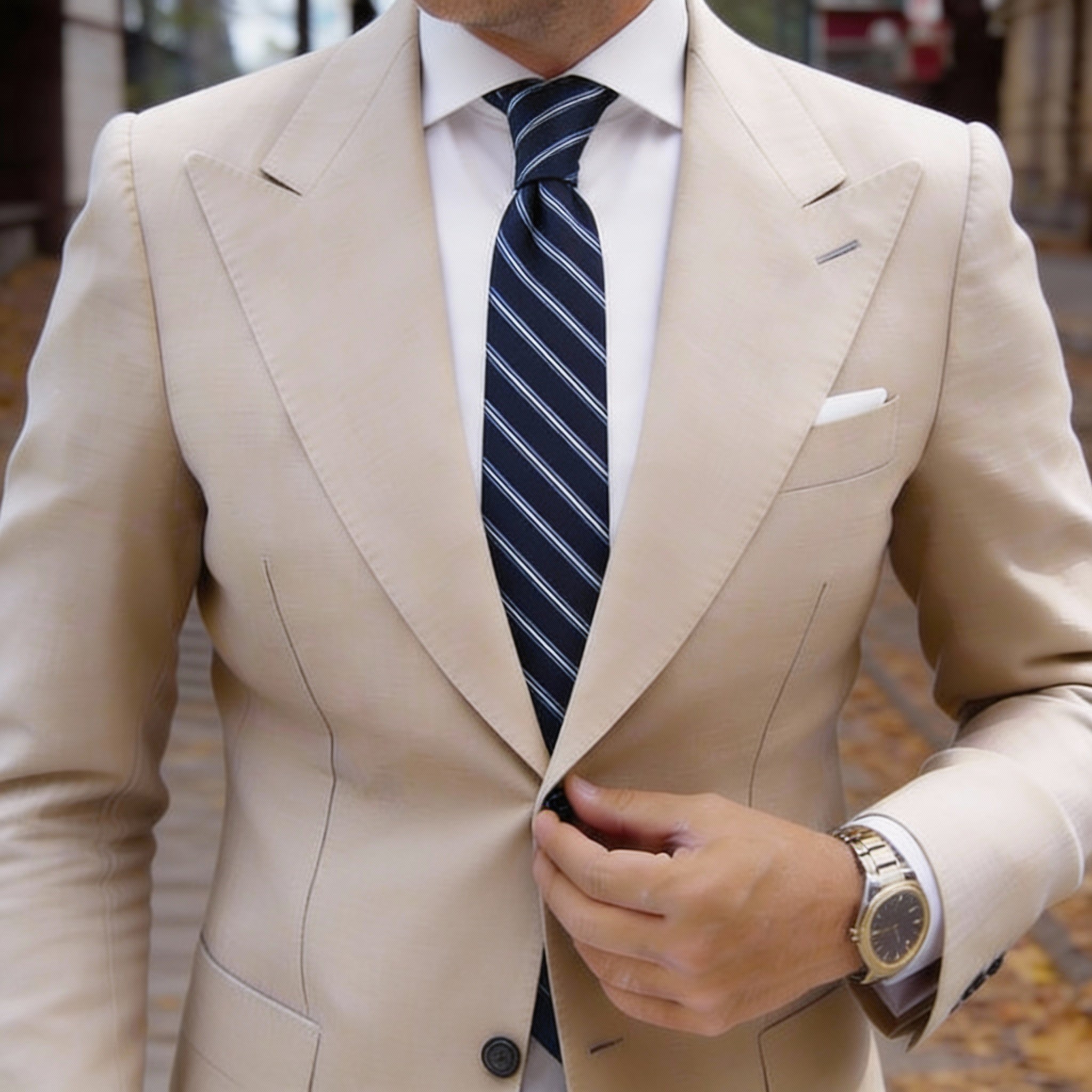 Navy Blue Necktie With White & Light Blue Stripes