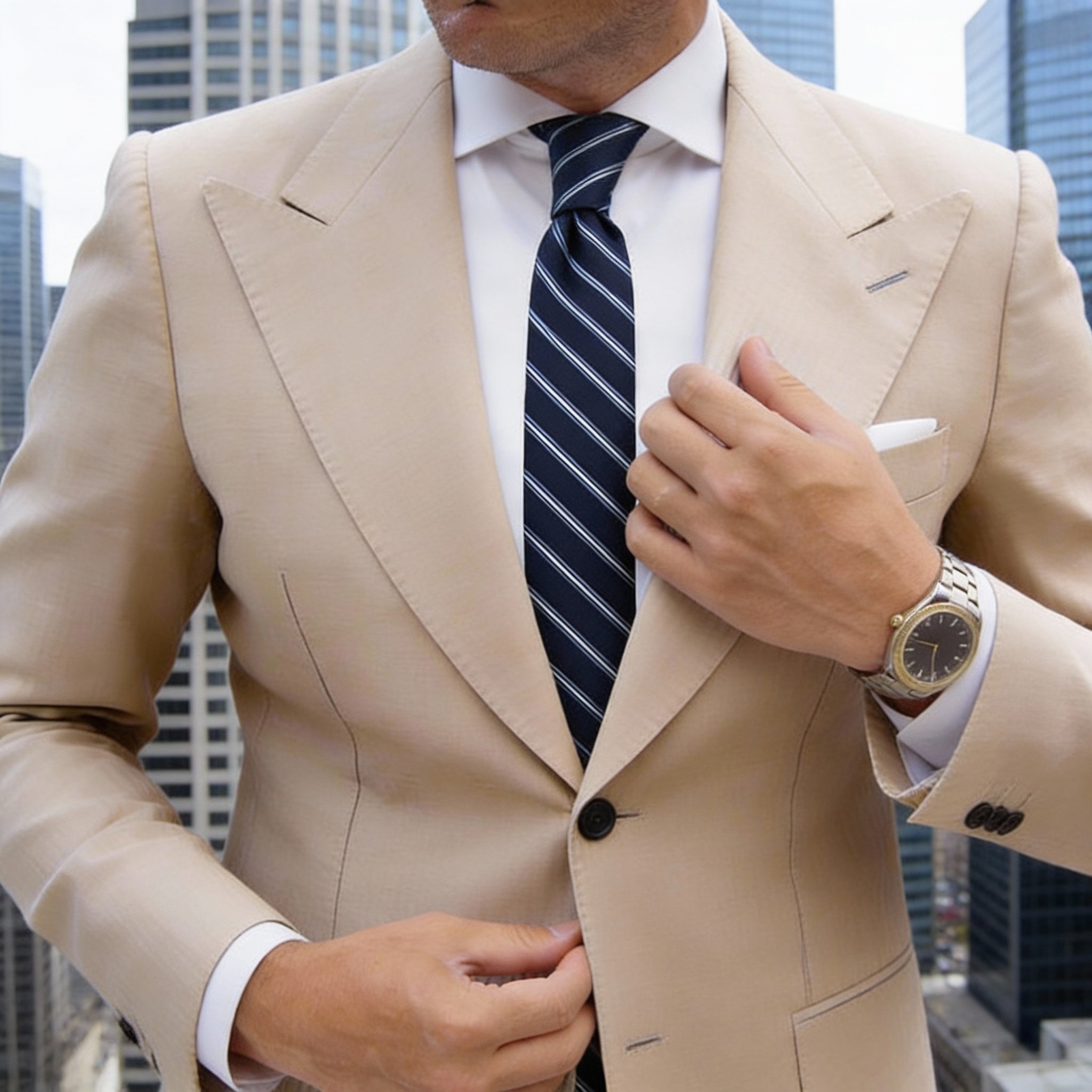 Navy Blue Necktie With White & Light Blue Stripes