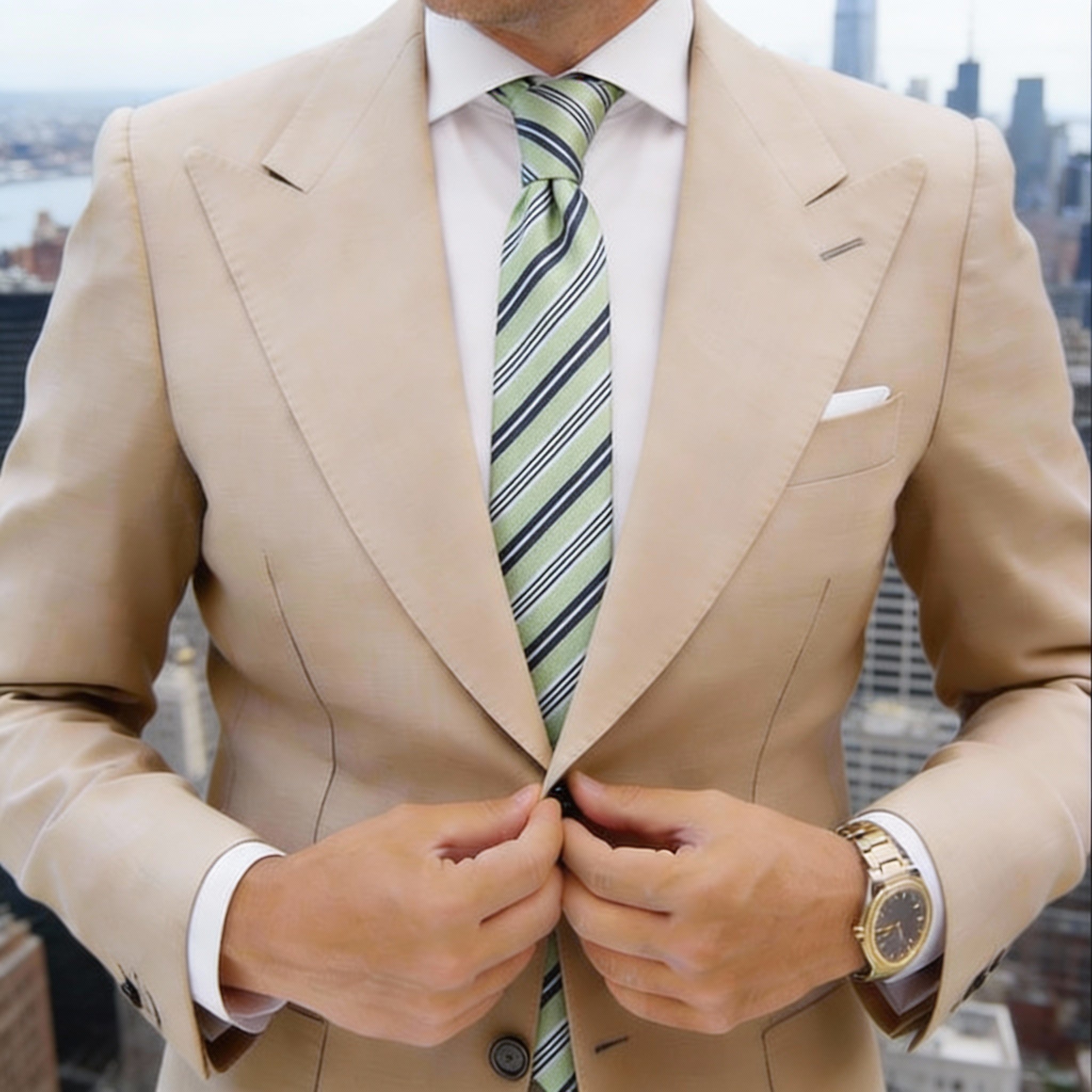 Light Green With White Navy Blue Stripes Necktie