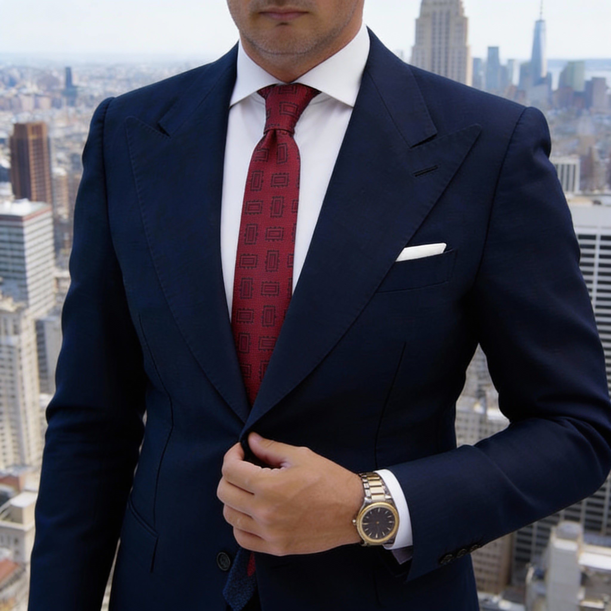 Red Necktie With Black Rectangular Pattern