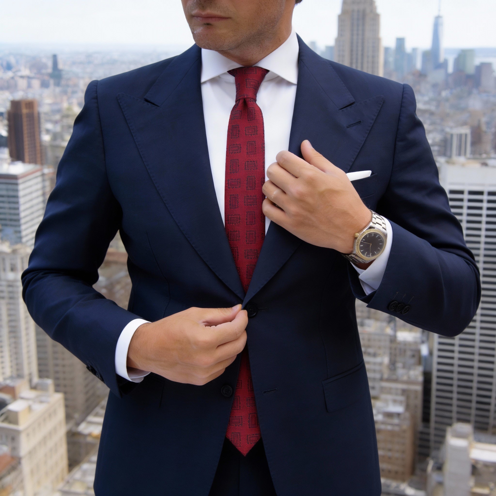 Red Necktie With Black Rectangular Pattern
