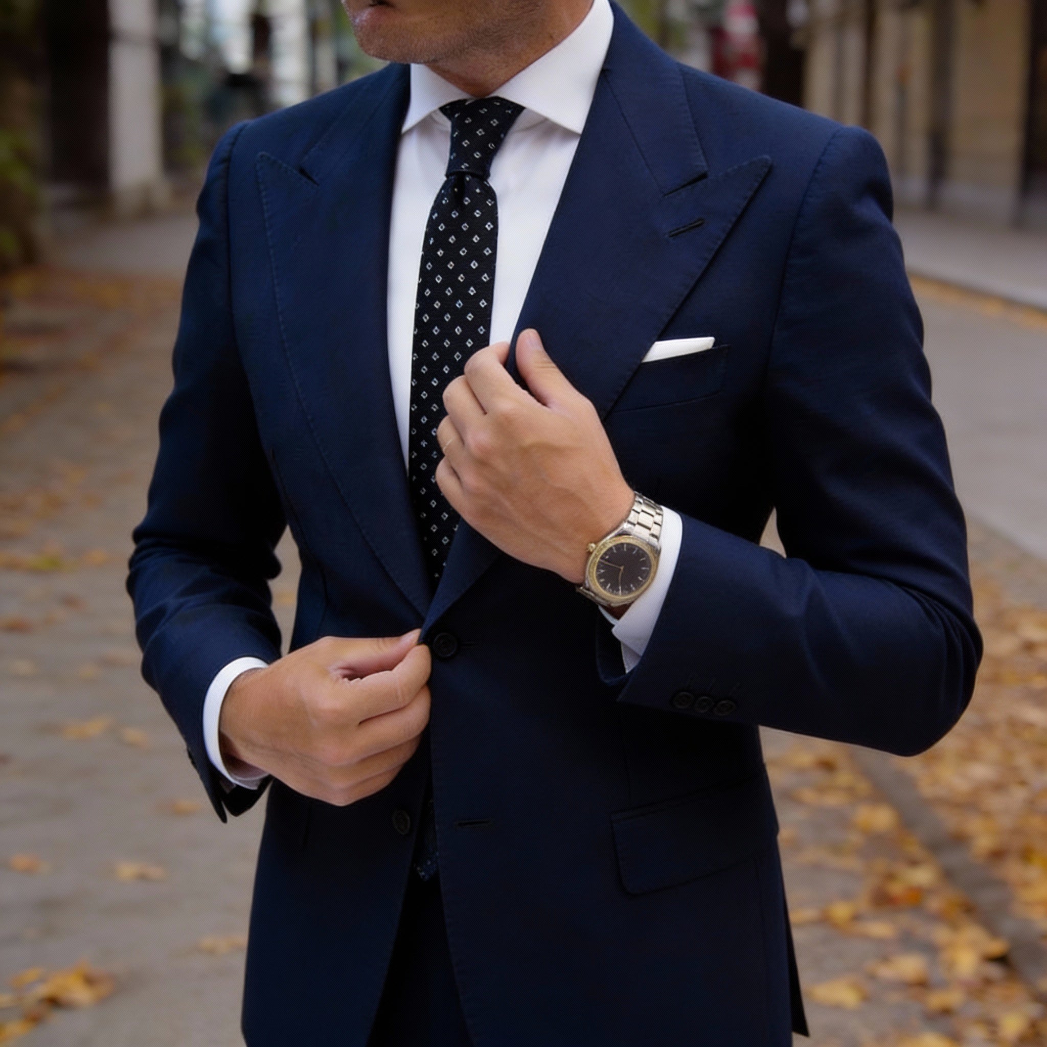 Black with White Square Necktie