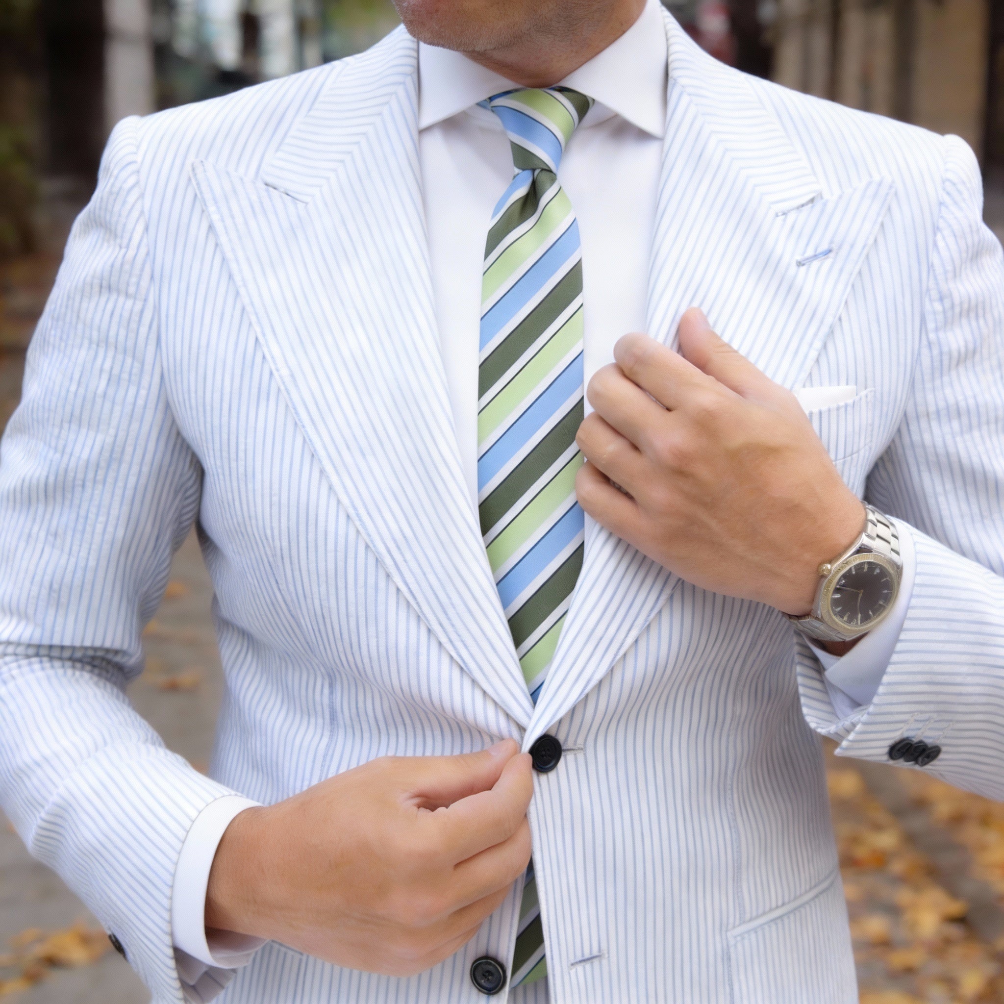 White With Blue Green Stripe Necktie
