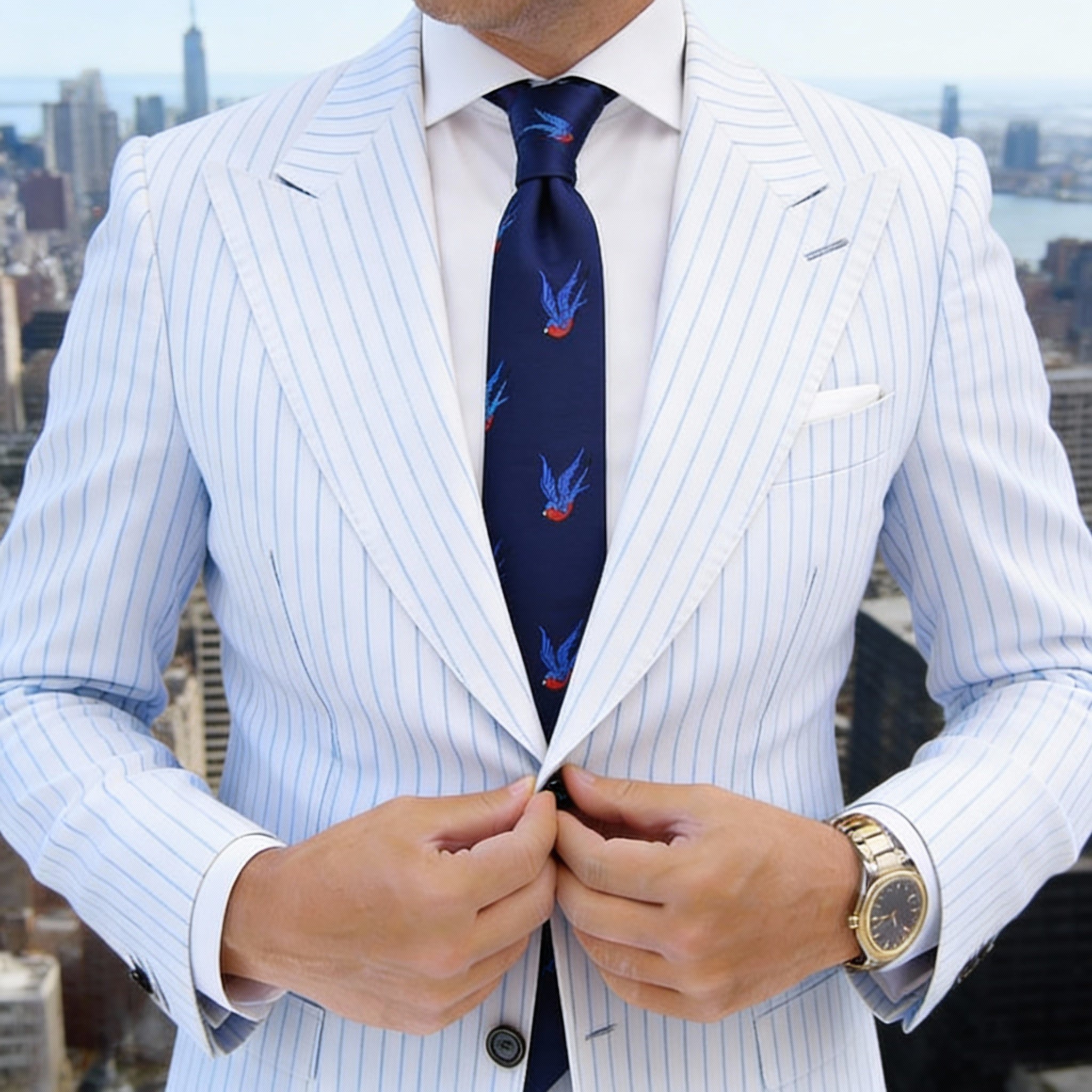 Navy Blue With Red & Blue Swallows Necktie