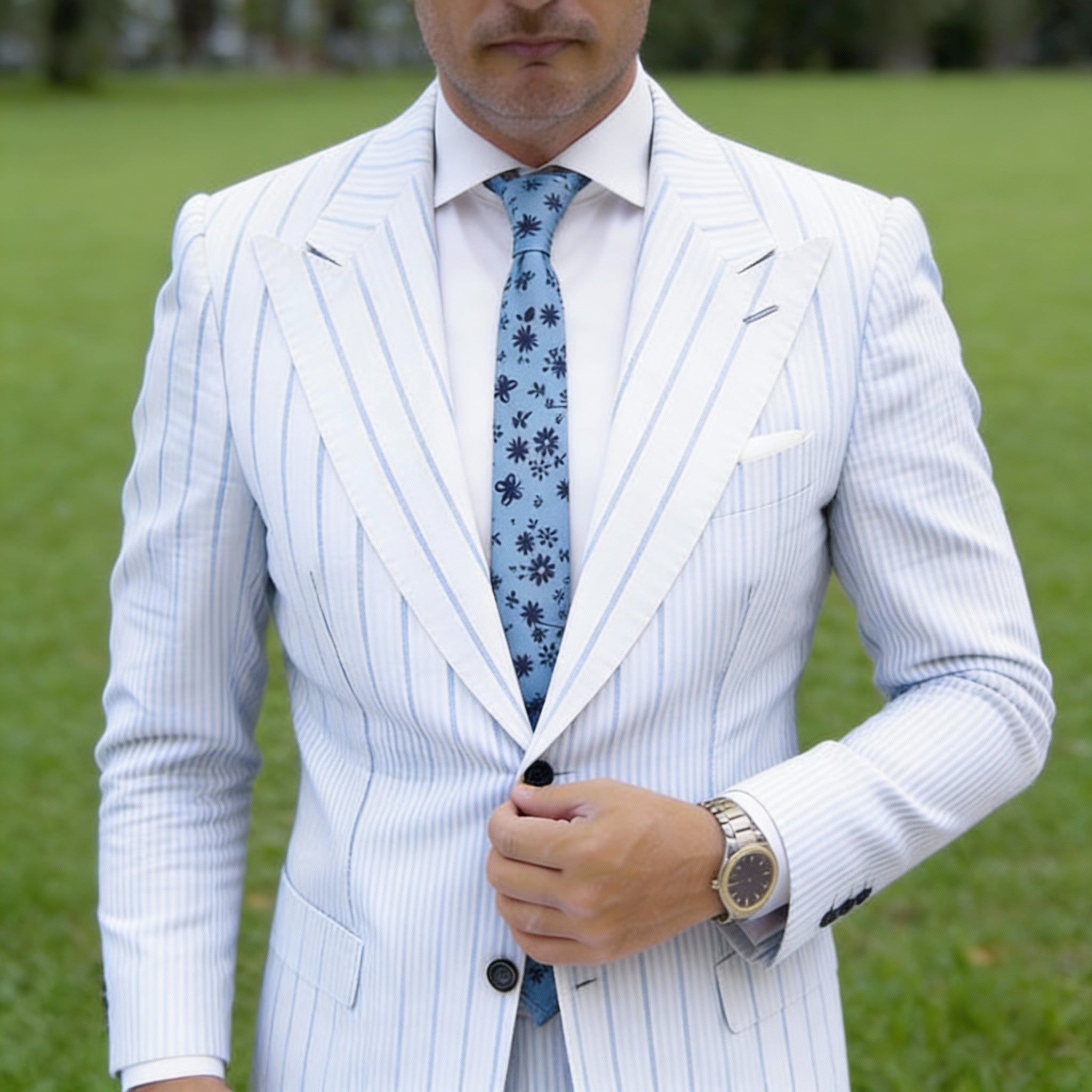 Light Blue Necktie With Dark Blue Floral Pattern