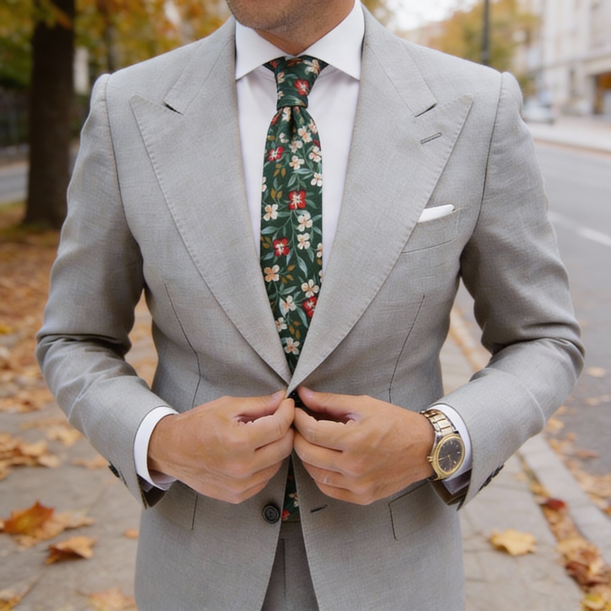 Green With Red,White & Peach Floral Necktie