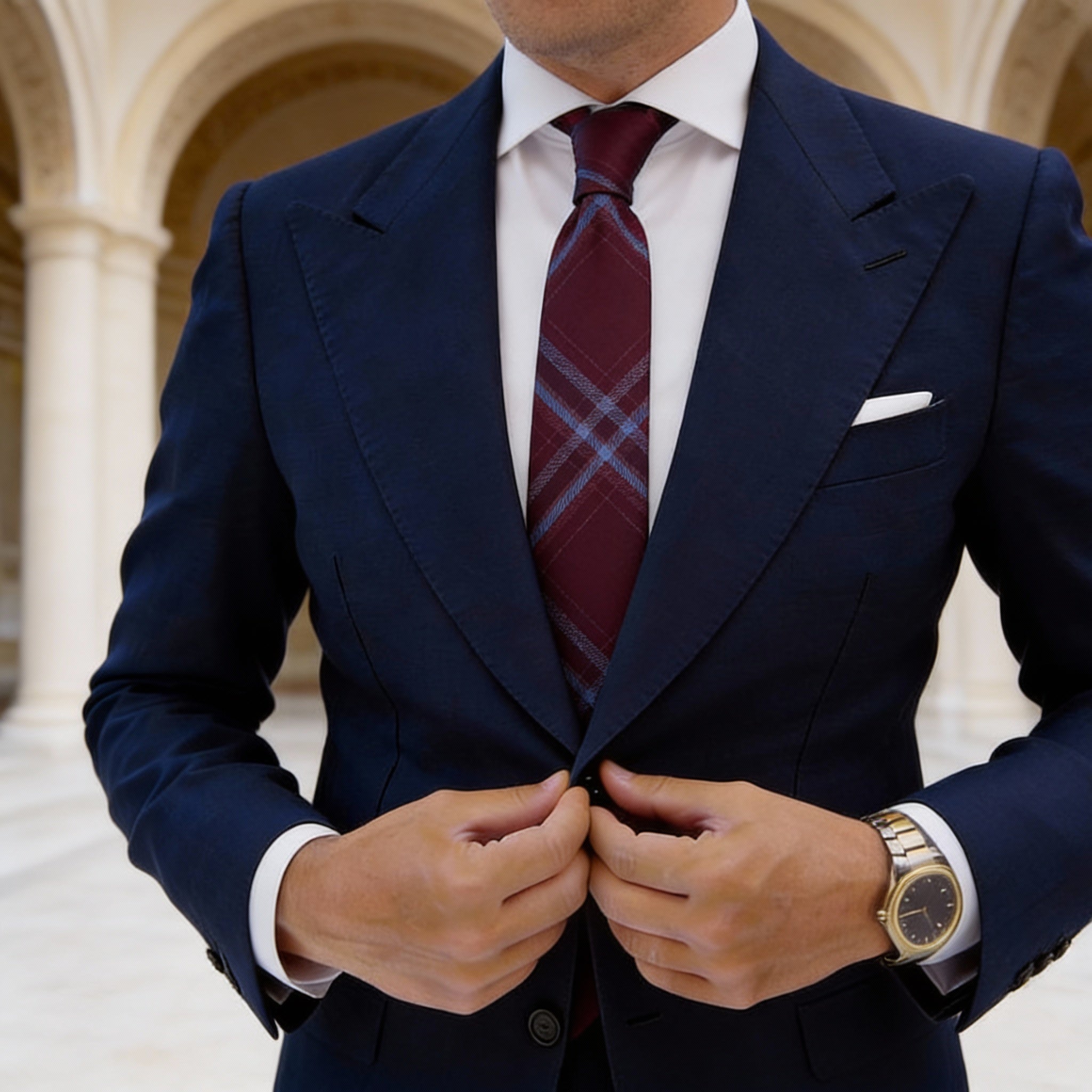 Burgundy With Blue Plaid Necktie