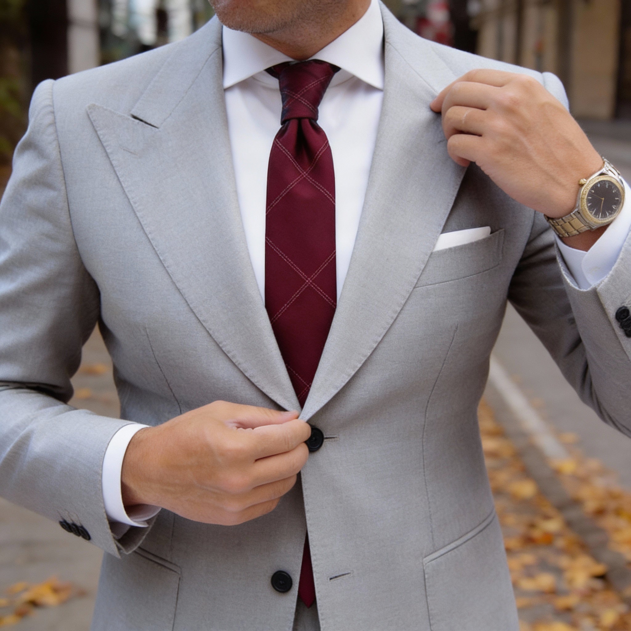 Burgundy Necktie with Light Red Diamond Grid