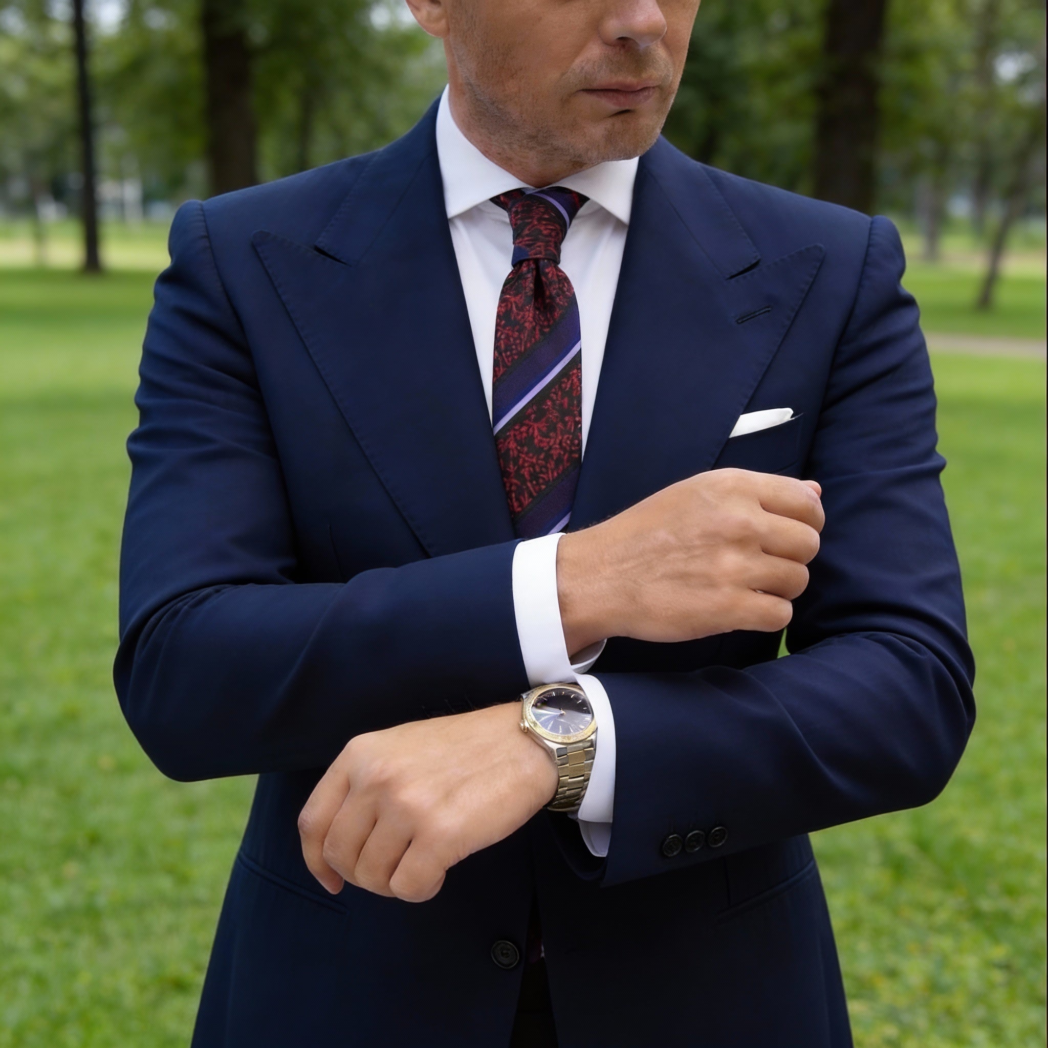 Black with Red Floral & Purple Stripes Necktie