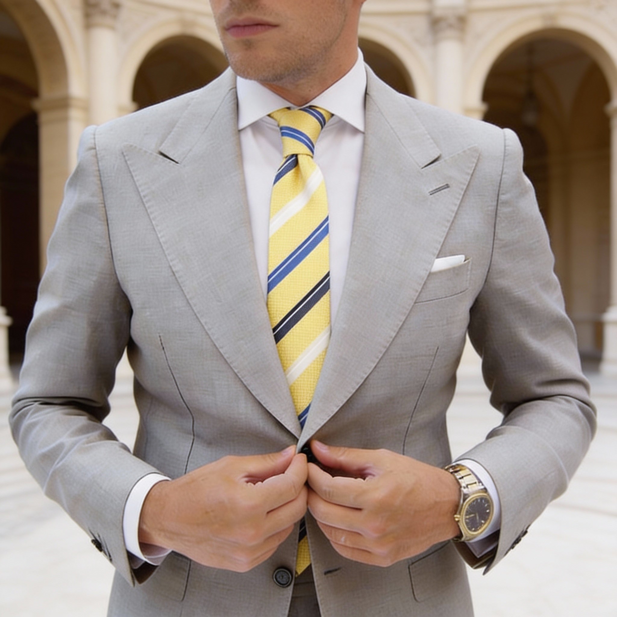 Yellow With Blue White Striped Necktie