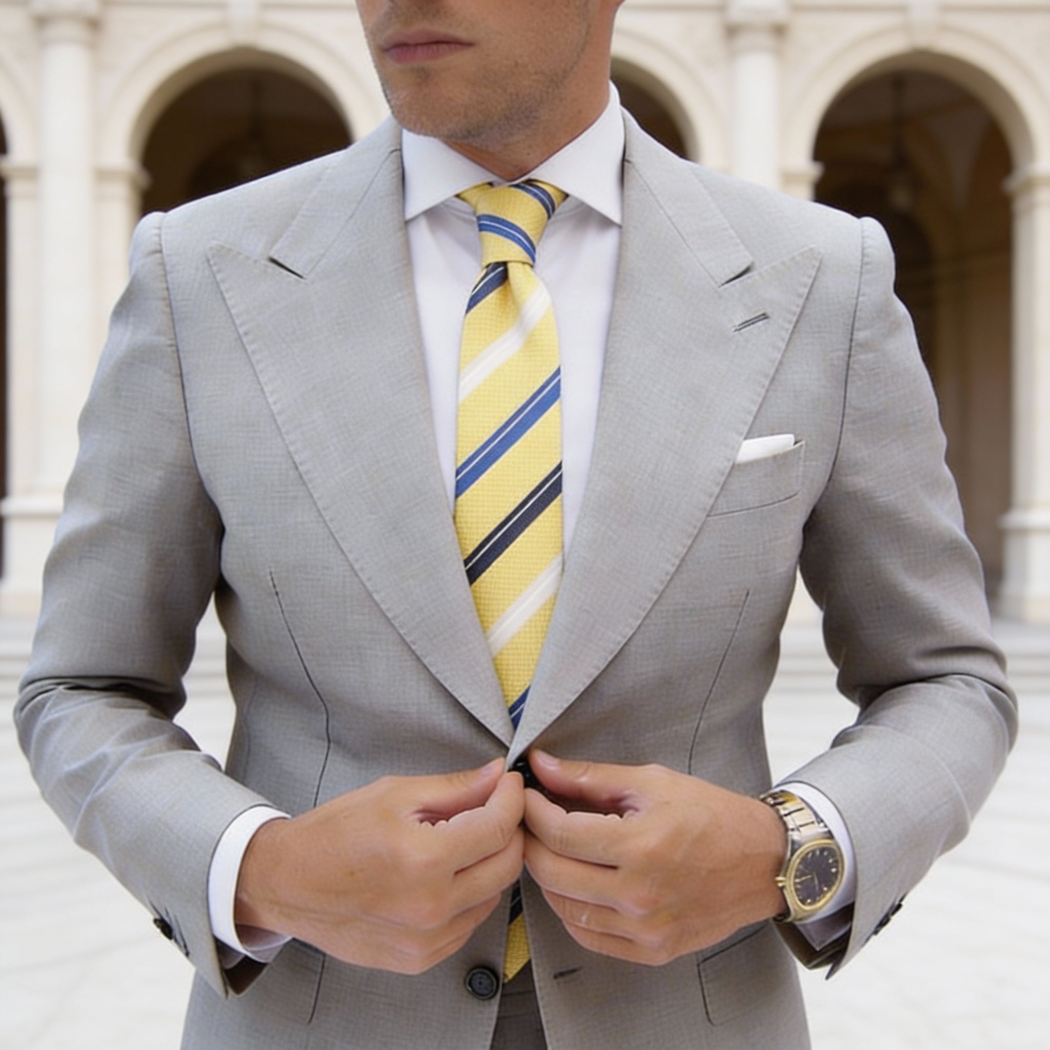 Yellow With Blue White Striped Necktie