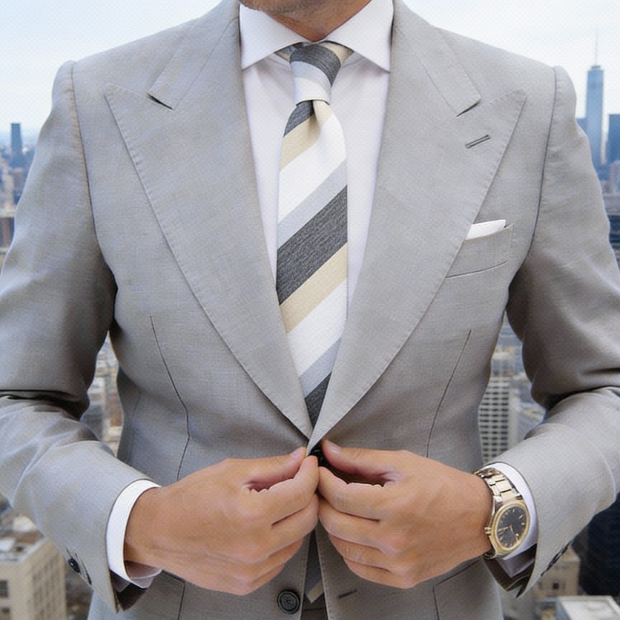 Black With White Beige Light Blue Stripes Necktie