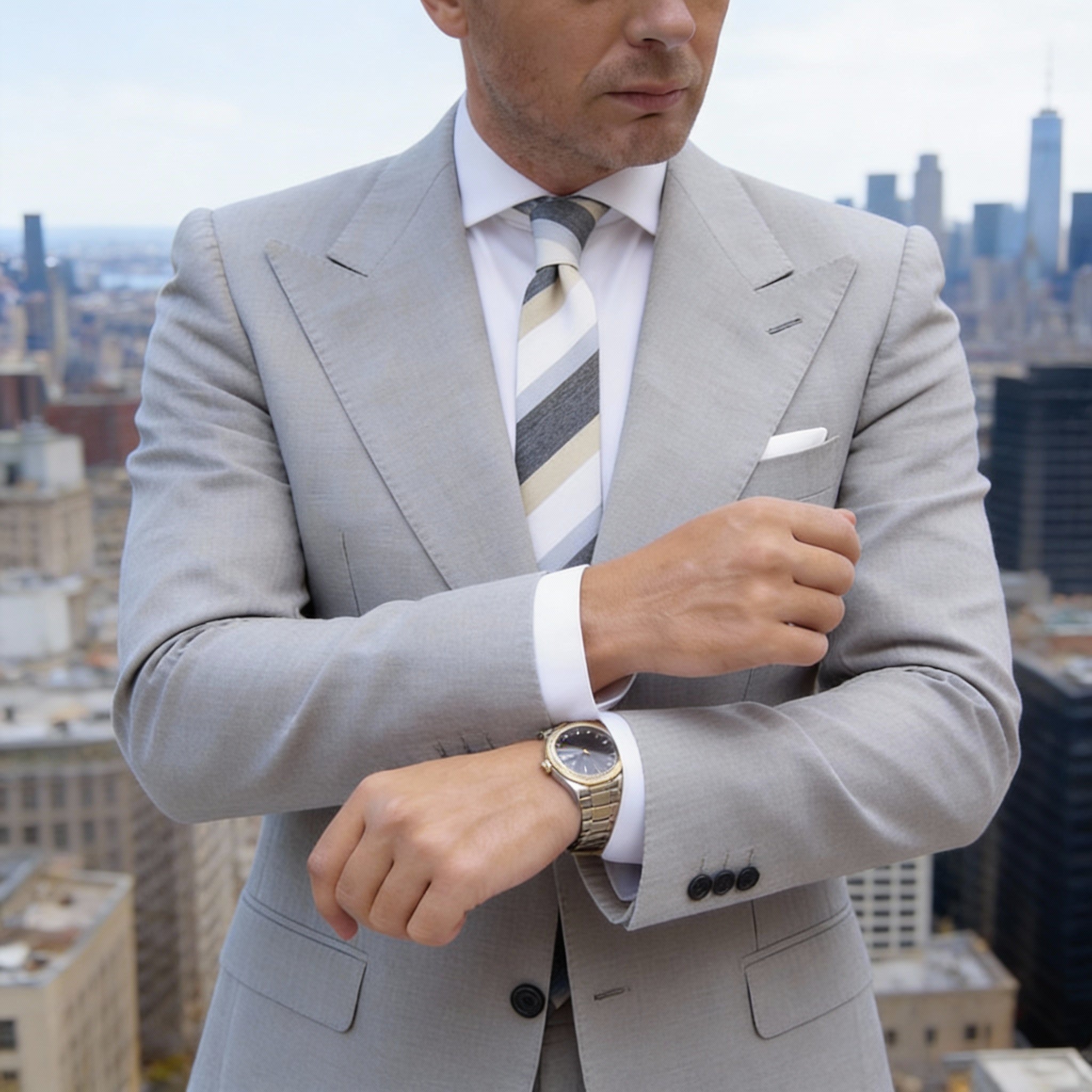 Black With White Beige Light Blue Stripes Necktie