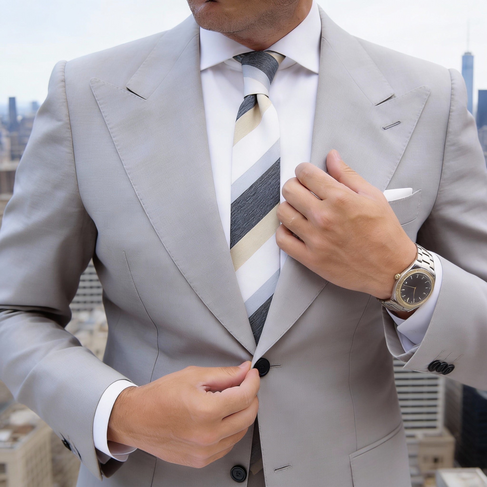 Black With White Beige Light Blue Stripes Necktie
