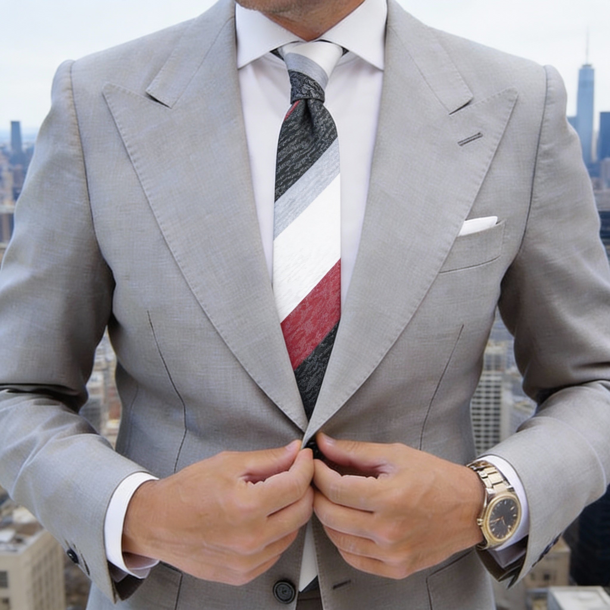 White With Black Red Light Gray Striped Necktie