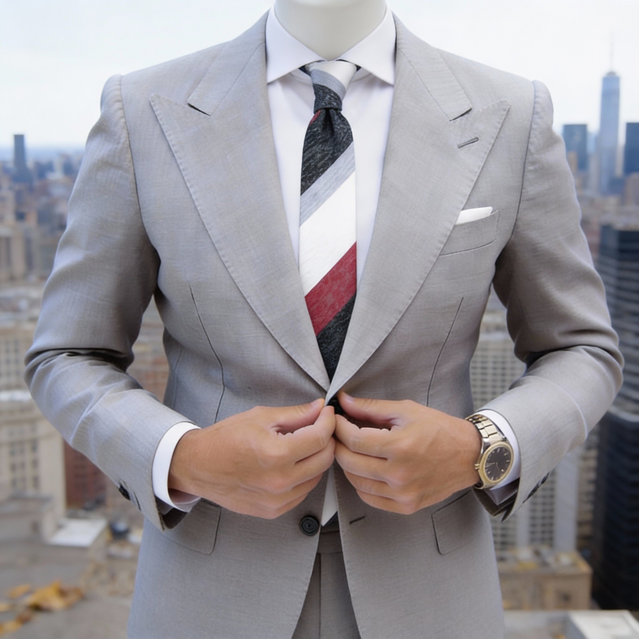 White With Black Red Light Gray Striped Necktie