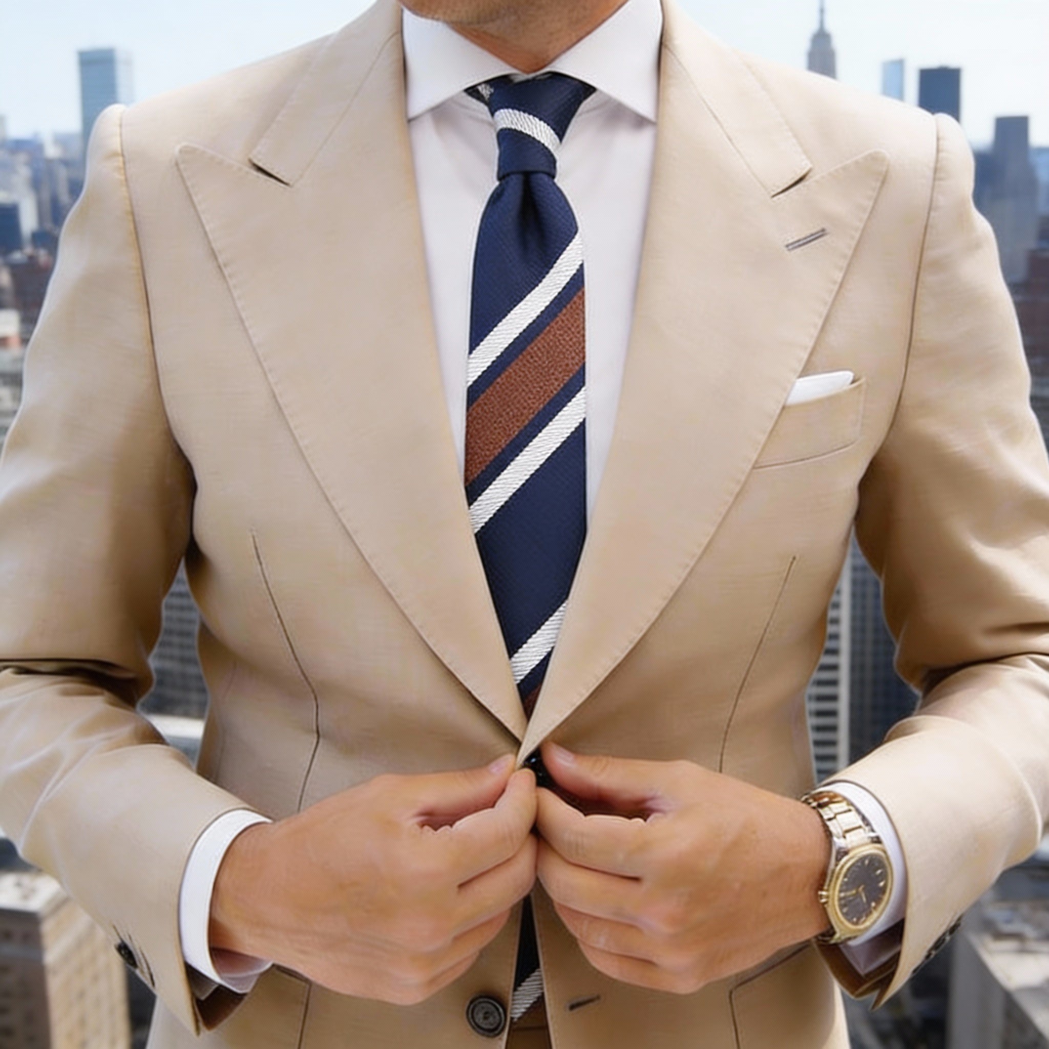 Blue Necktie With White And Brown Stripes