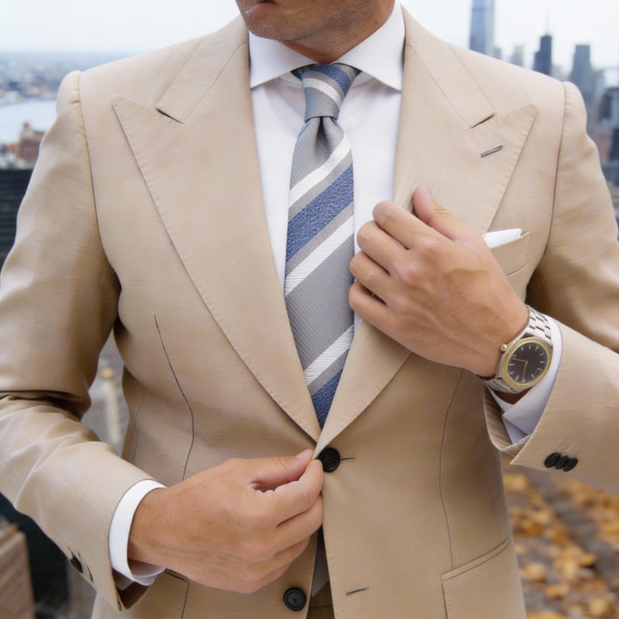 Light Gray with Blue & White Striped Necktie