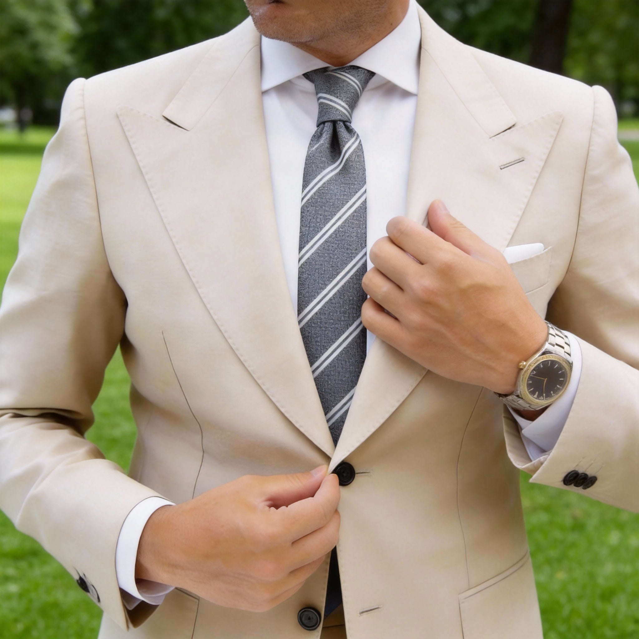 Gray With White and Dark Striped Necktie