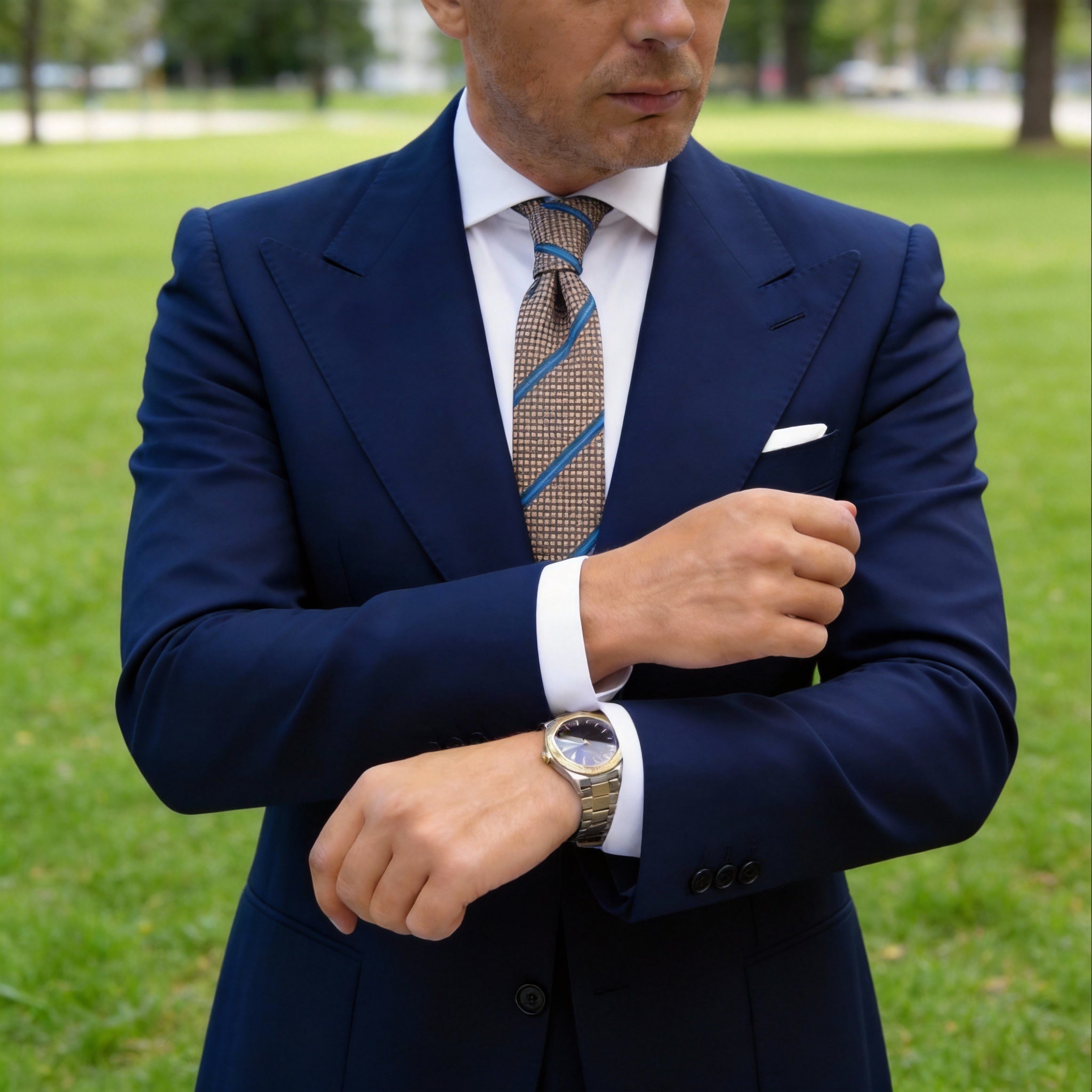 Tan With Blue Striped Dotted Necktie