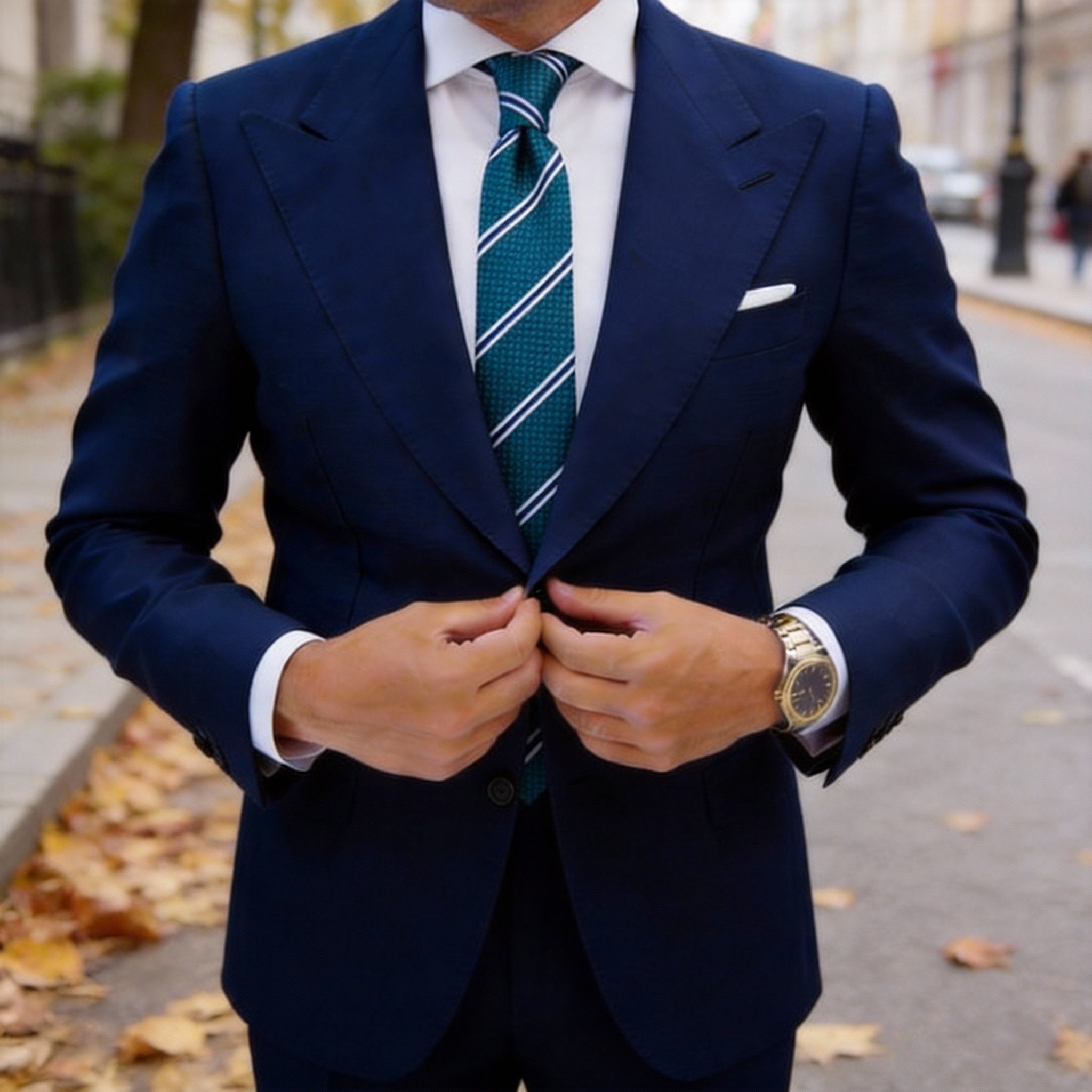 Teal Necktie With White Navy Stripes