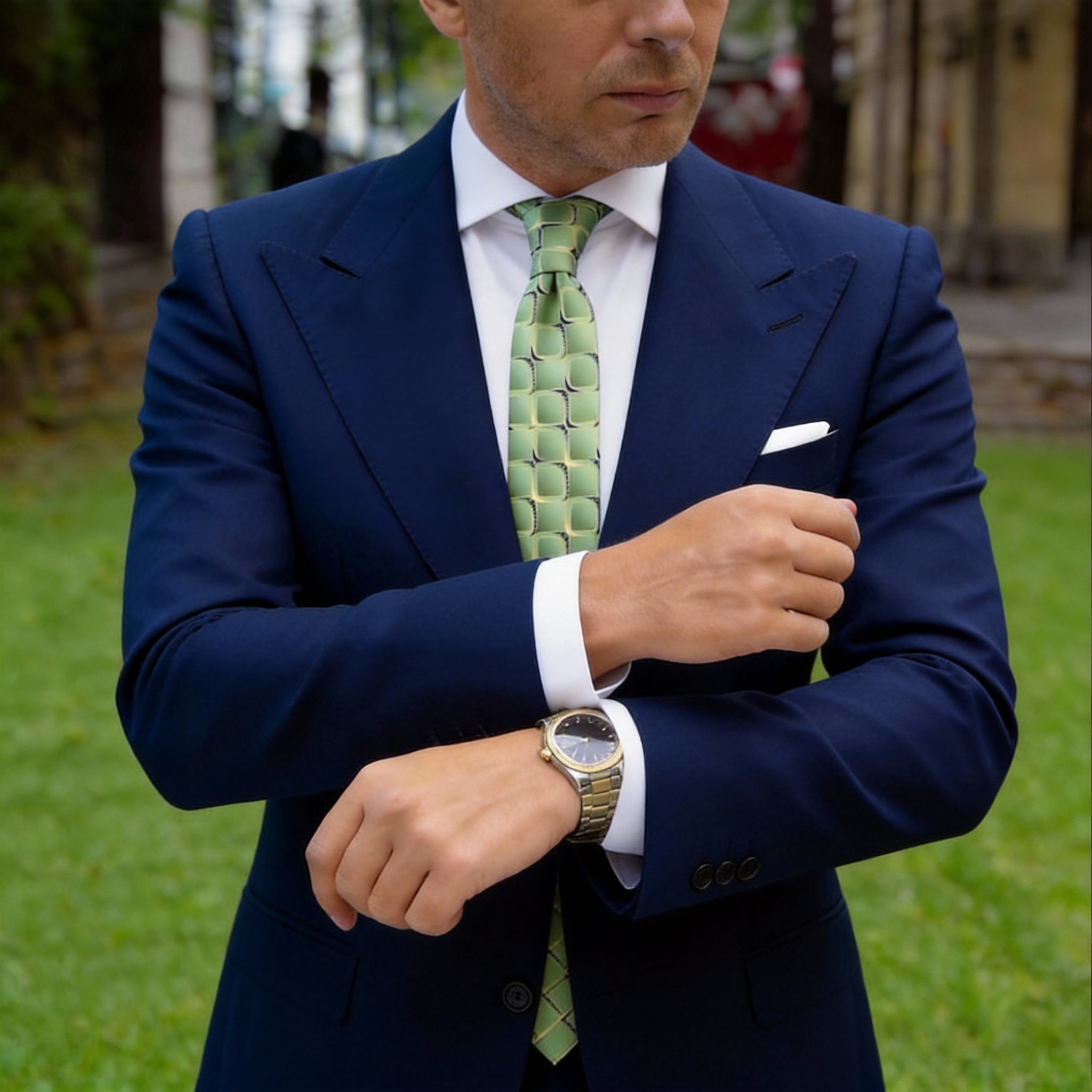 Green Necktie with Yellow Geometric Square