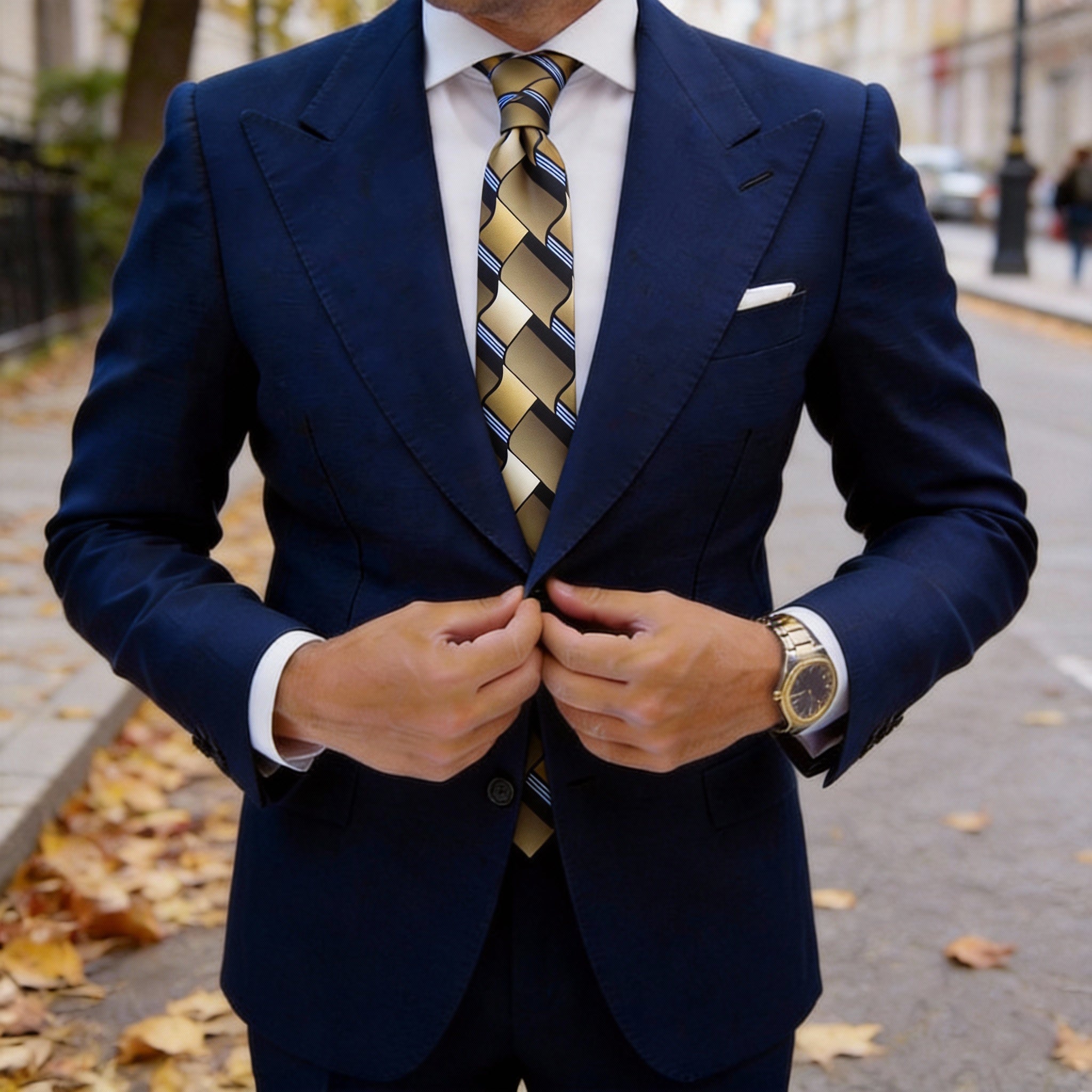 Gold With Gold-Black-Blue Geometric Wave Necktie