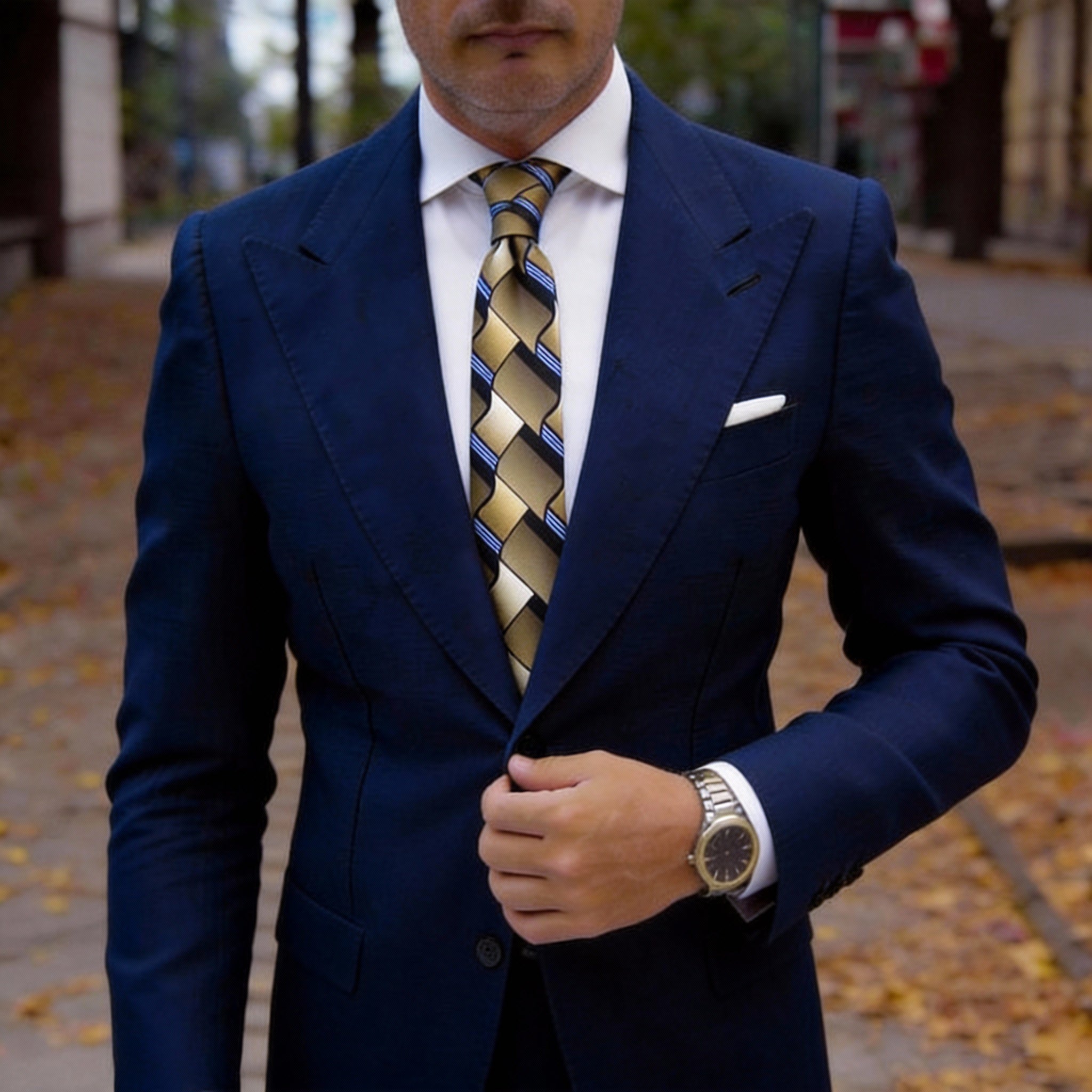 Gold With Gold-Black-Blue Geometric Wave Necktie
