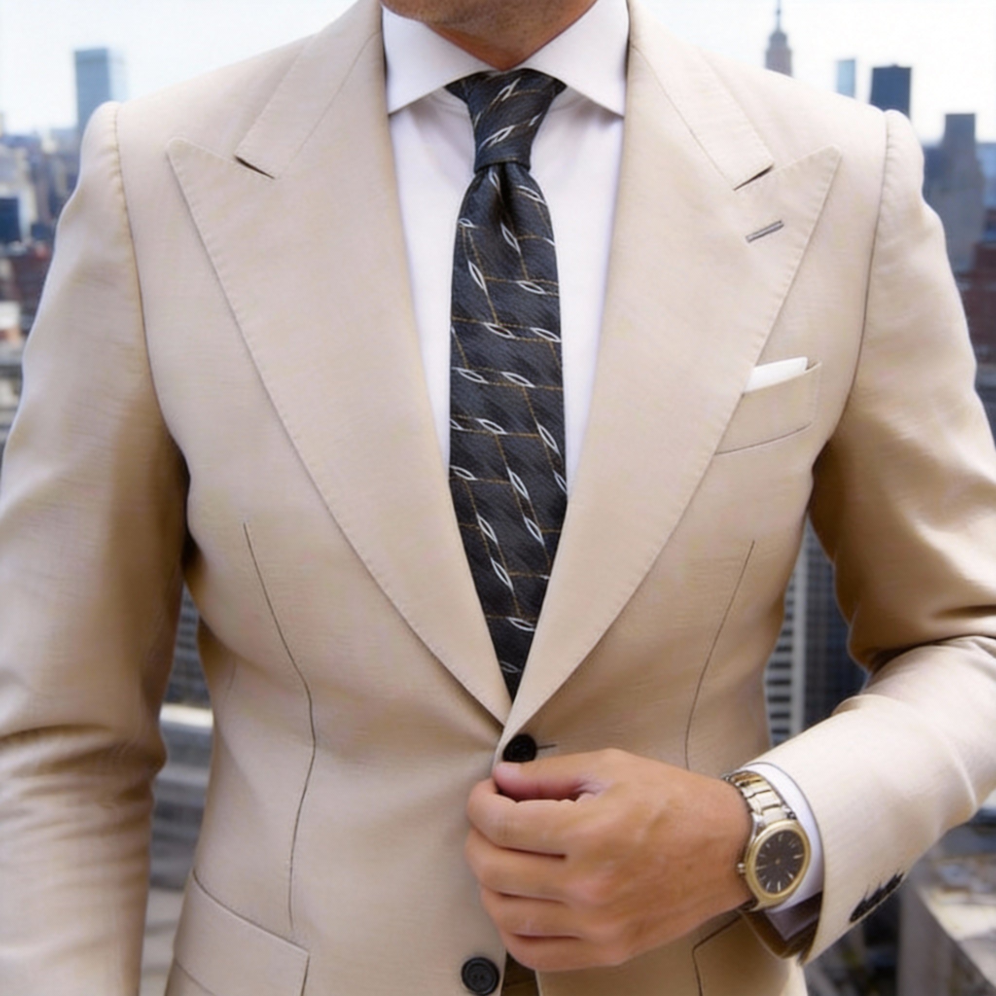 Dark Gray Necktie With White Gold Geometric Lattice