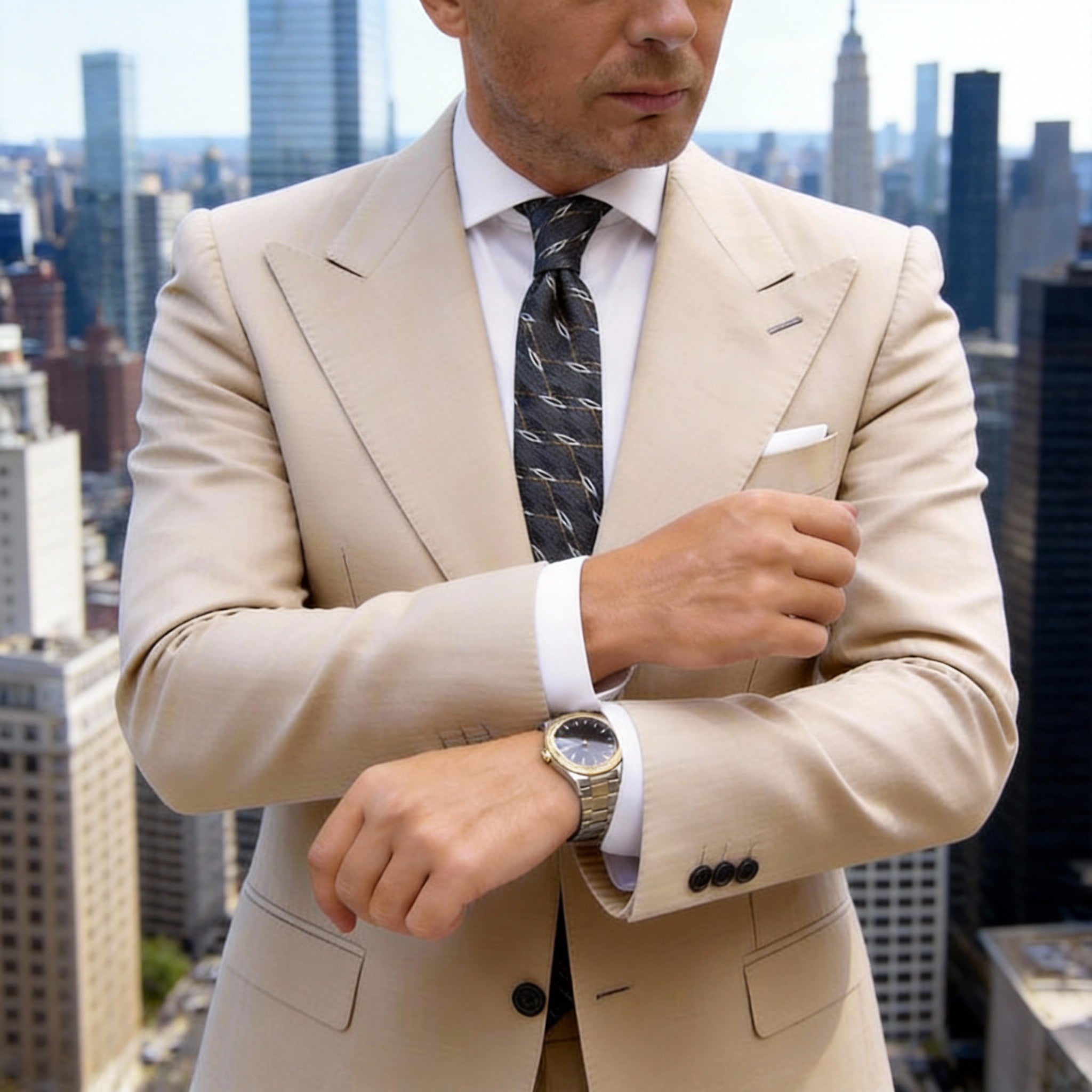 Dark Gray Necktie With White Gold Geometric Lattice