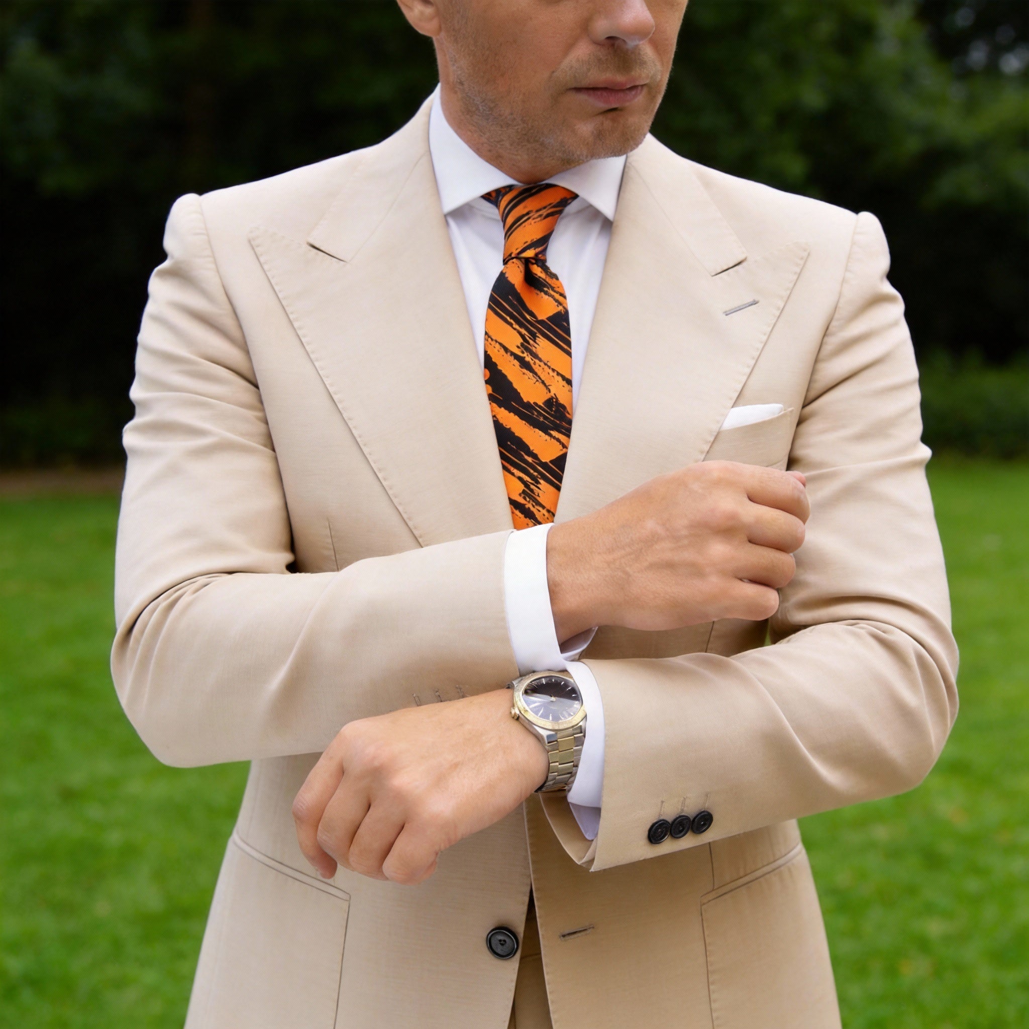 Orange Necktie With Black Abstract Stripes