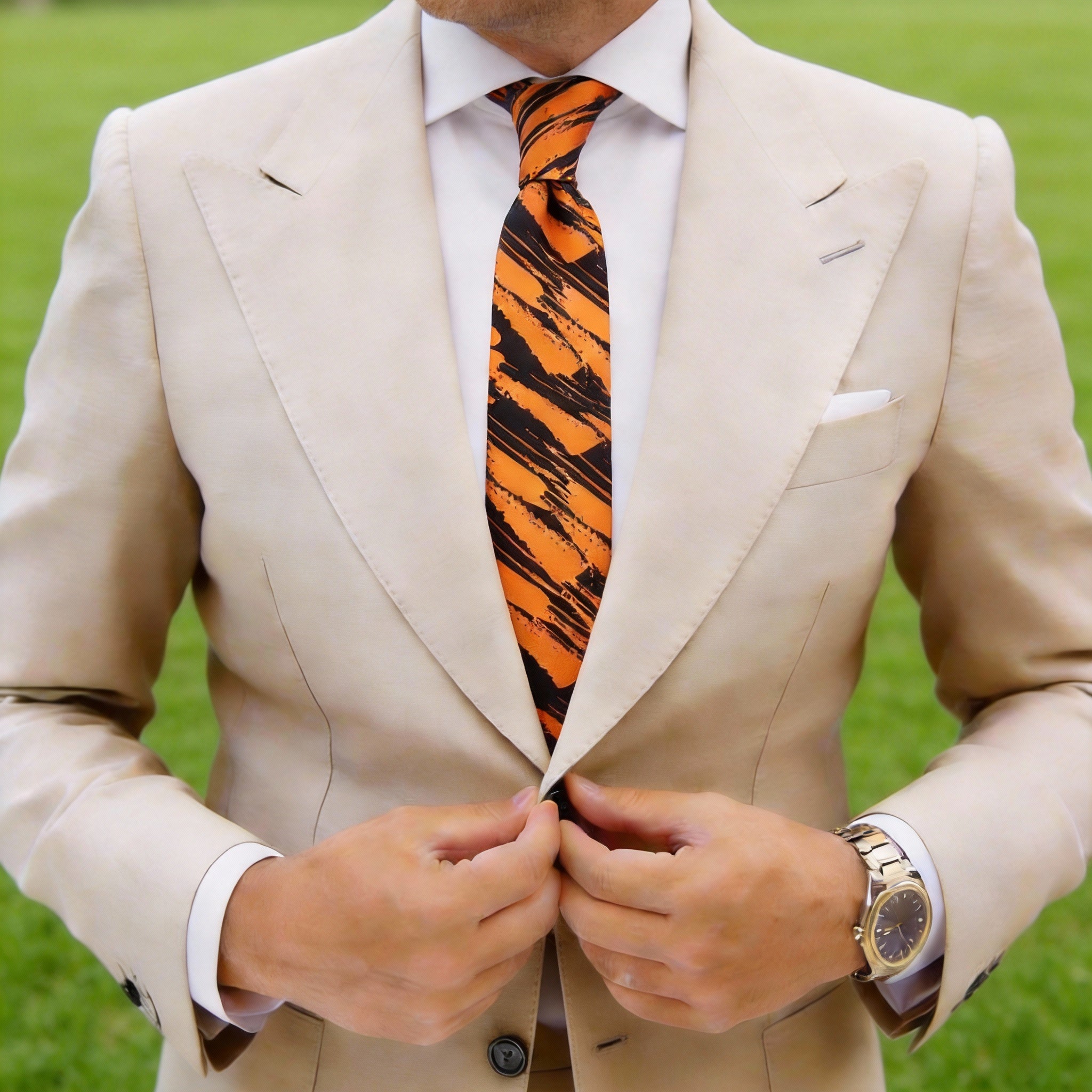 Orange Necktie With Black Abstract Stripes