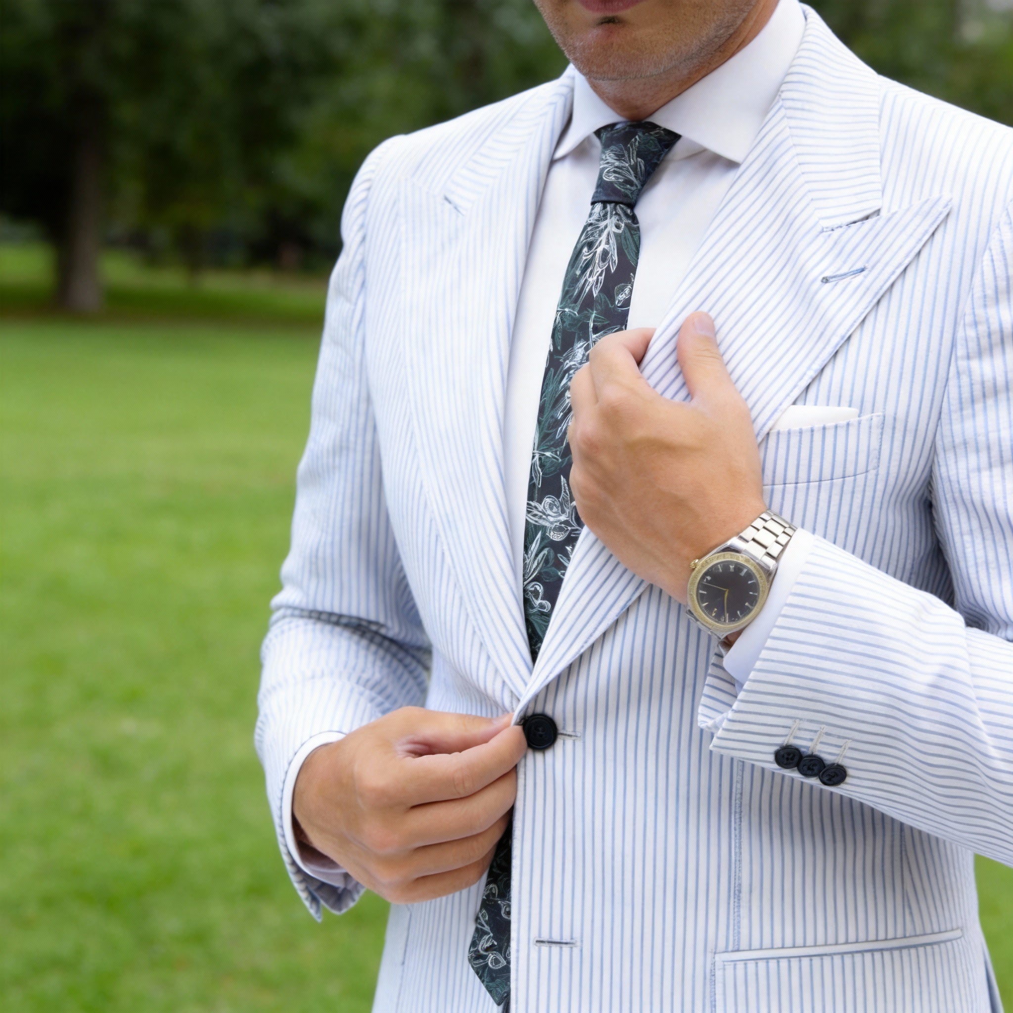 Black With White & Green Botanical Leaf Necktie