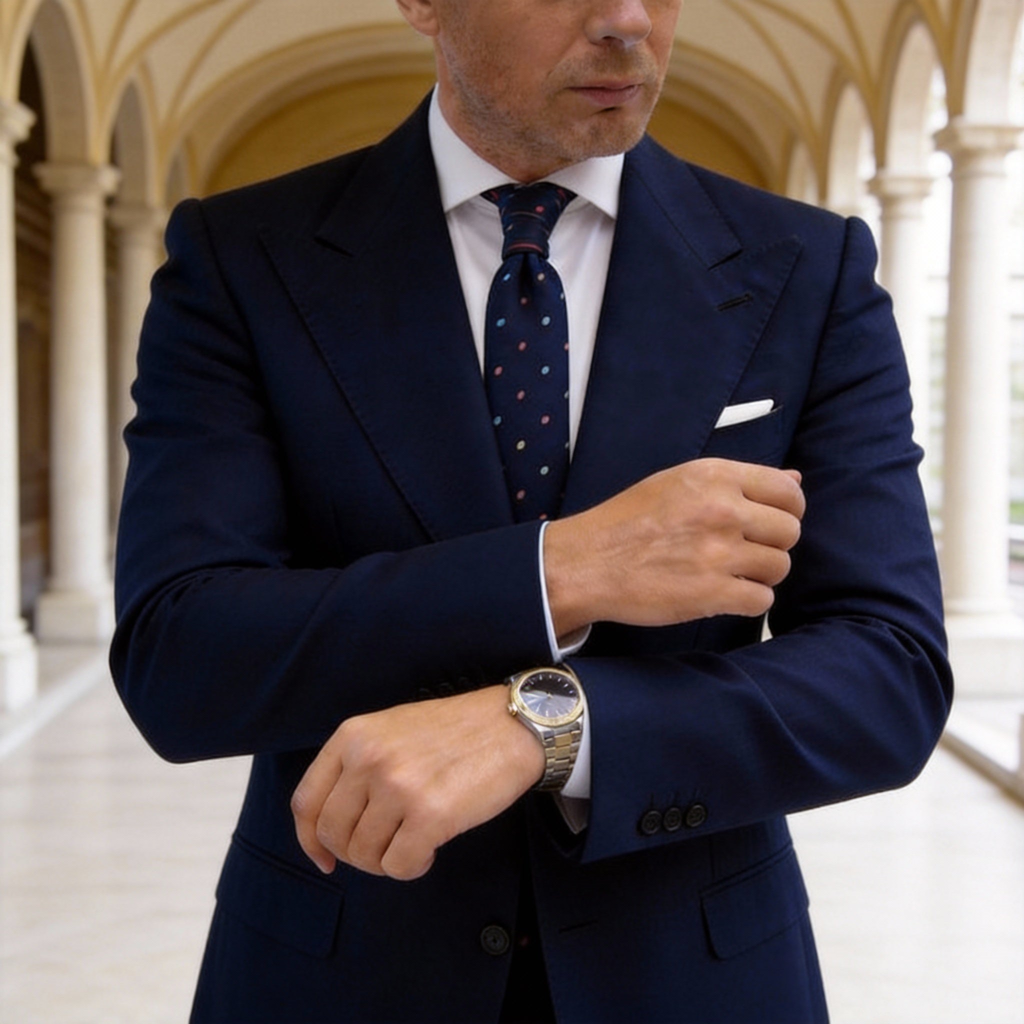 Navy Blue Necktie with White Polka Dots