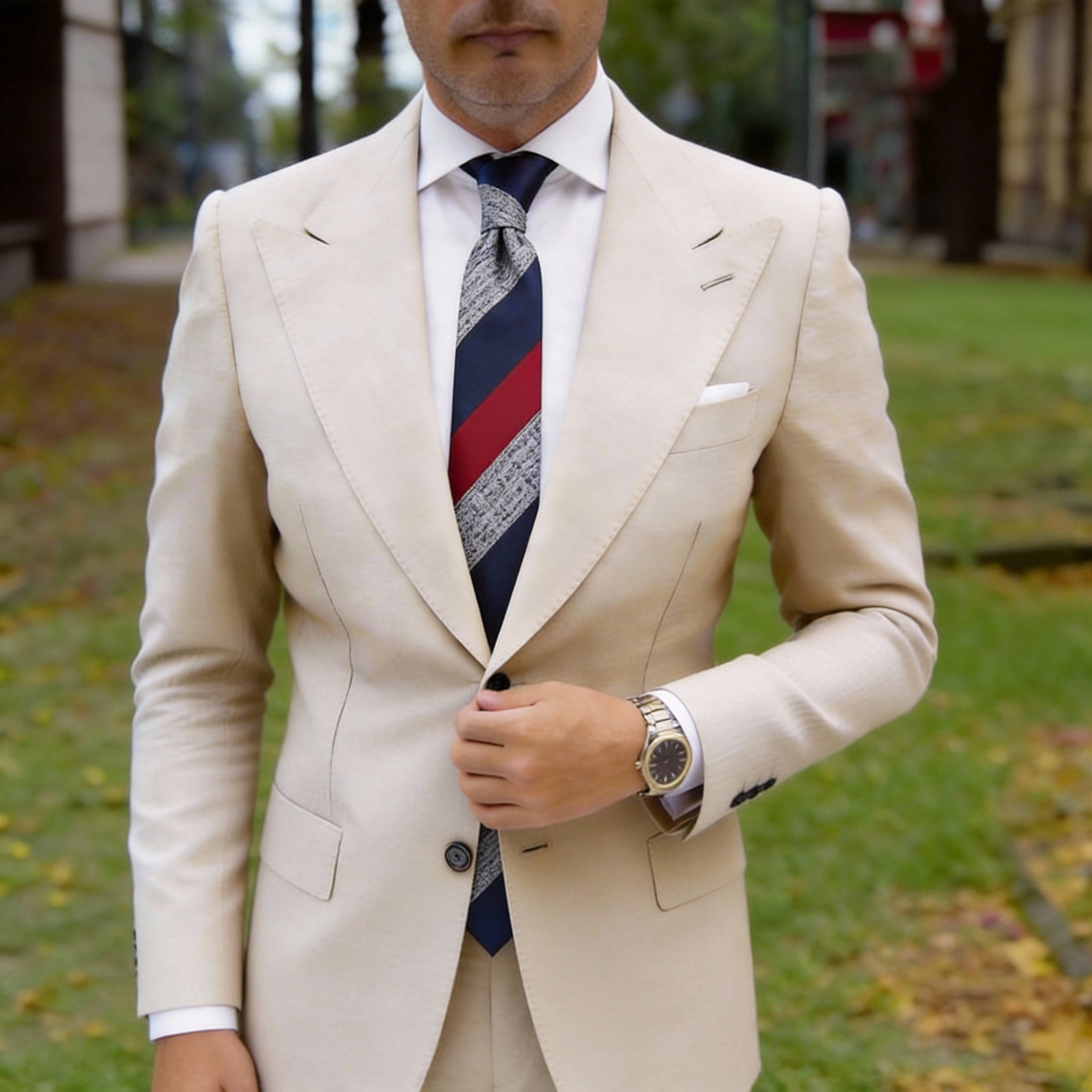Blue with Red & Gray Striped Necktie
